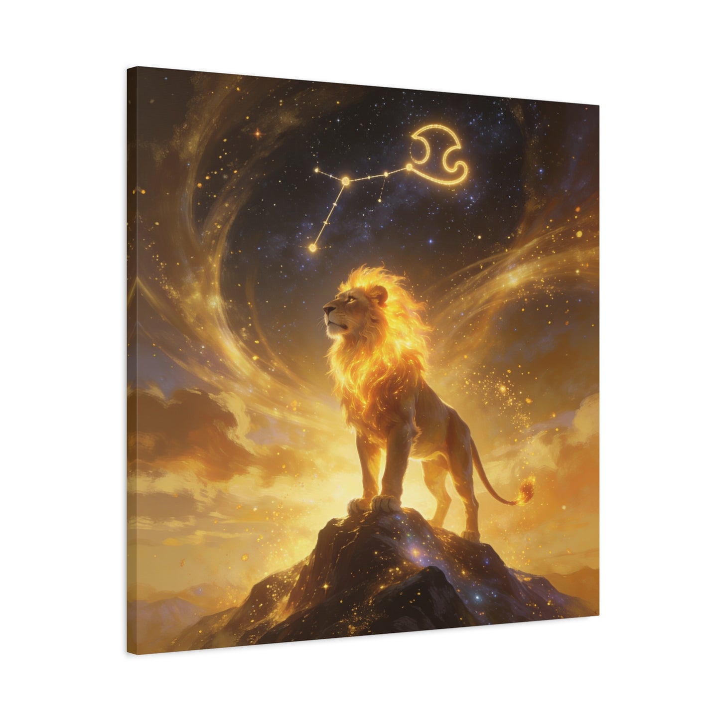 Leo Zodiac Lion Canvas Wall Art - Celestial Astrology Constellation Print, Glowing Gold Cosmic Sky - Fantasy Style, Living Room Wall Decor Bedroom Home Decoration Office Art - Bedroom Home Decoration