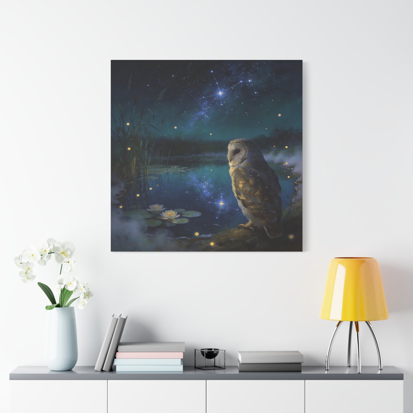Barn Owl Canvas Wall Art - Moonlit Pond, Fireflies, Water Lilies, Starry Night Sky - Dreamy Wildlife Painting - Matte Finish Canvas Print - Bedroom Wall Decor, Nursery Accent - Bedroom Home Decoration