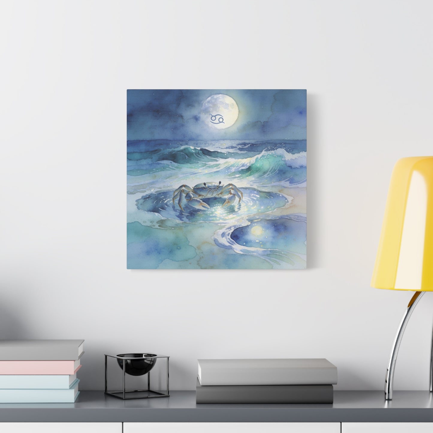 Cancer Zodiac Canvas Wall Art - Moonlit Ocean Crab Watercolor Print, Coastal Astrology Decor - Serene Blue Seascape - Bedroom Wall Decor, Meditation Space Accent, Bohemian Style - Ready to Hang
