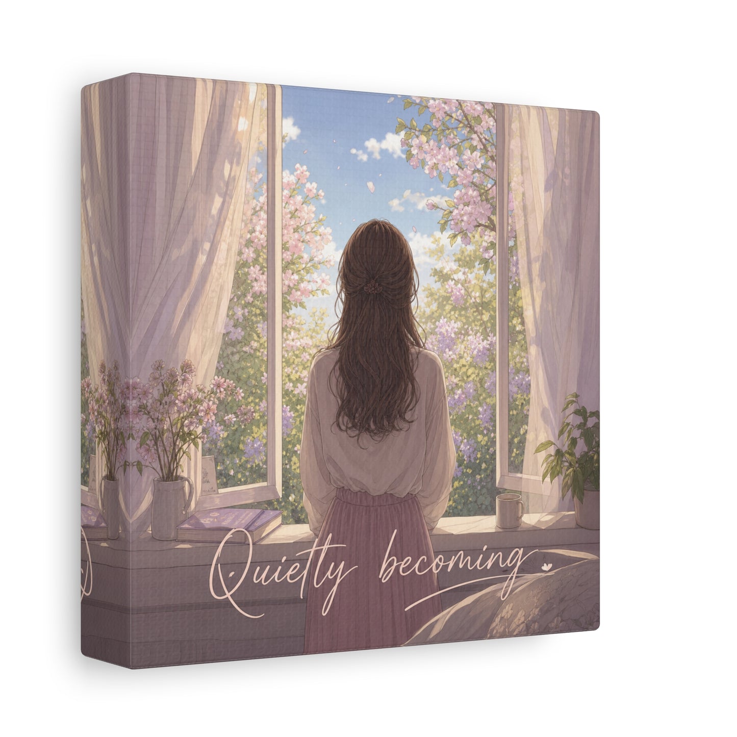 "Quietly Becoming" Girl At Window Canvas Wall Art - Cherry Blossom Bedroom Decor, Soft Pastel Inspirational Print, Dreamy Feminine Room Decoration - Bedroom Home Decoration - Living Room Wall Decor
