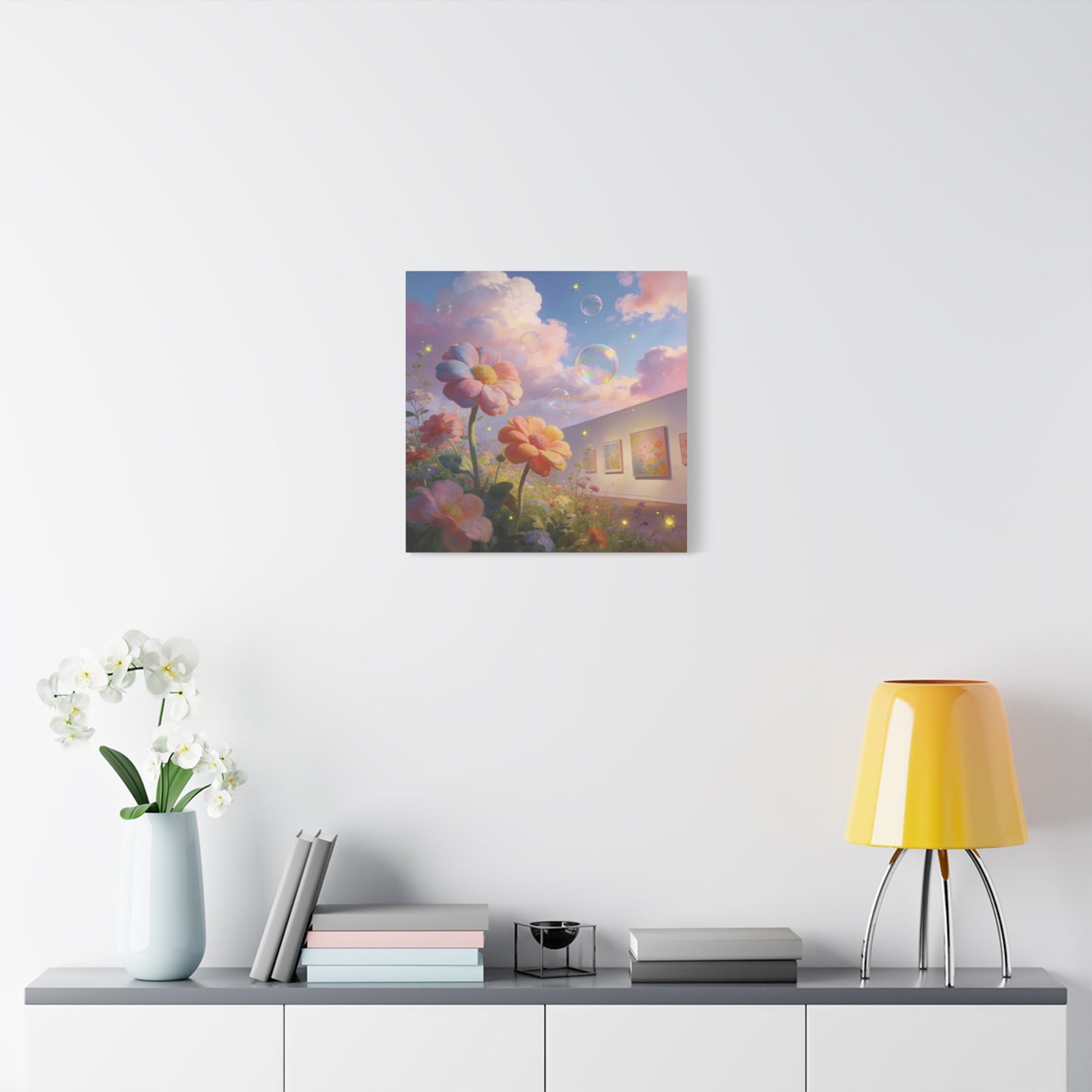 Dreamy Floral Canvas Wall Art - Pastel Wildflower Sky With Iridescent Bubbles, Firefly Glow - Whimsical Matte Canvas Print - Contemporary Bedroom Wall Decor, Living Room Accent - Cozy Reading Nook Art