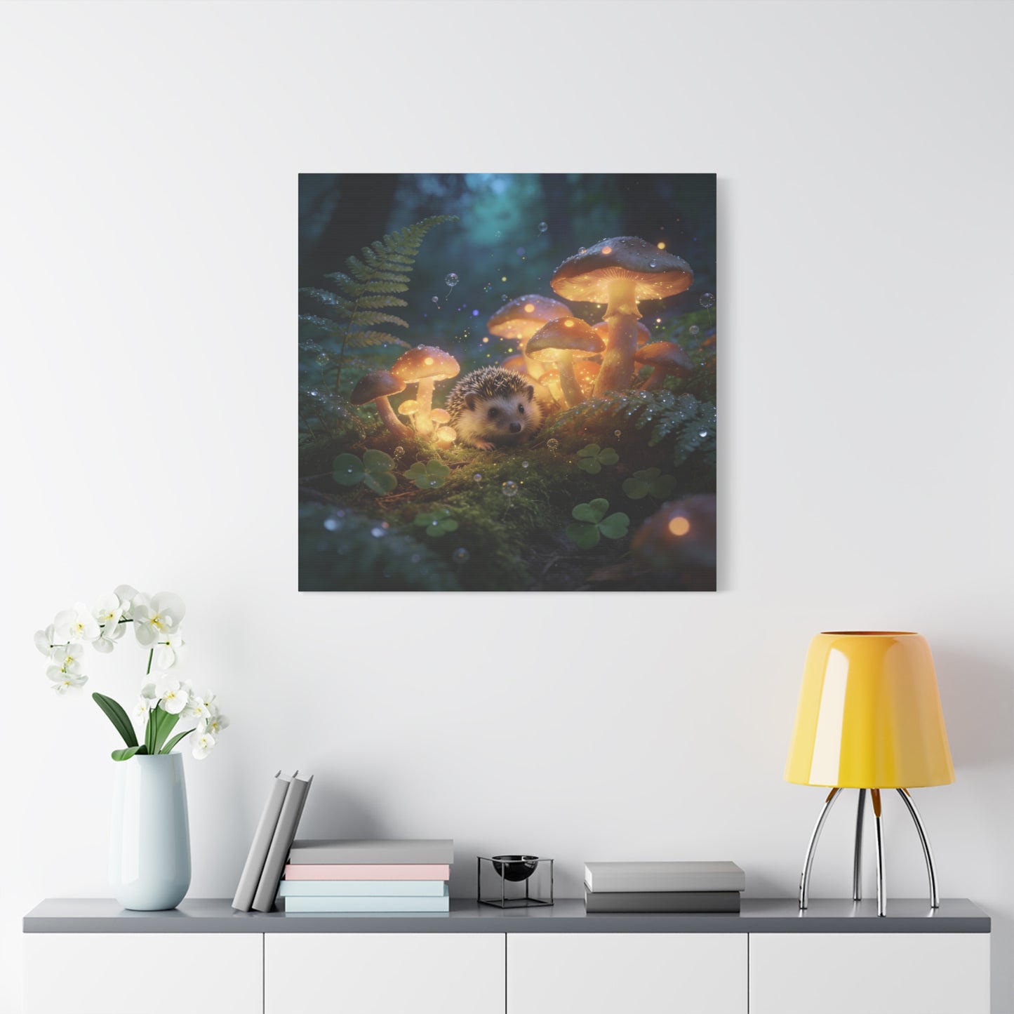 Hedgehog Mushroom Canvas Wall Art - Glowing Forest Fantasy Animal Print - Matte Cotton Art Print, Whimsical Woodland Style - Bedroom Wall Decor, Nursery Home Decoration Accent - Modern Farmhouse Style