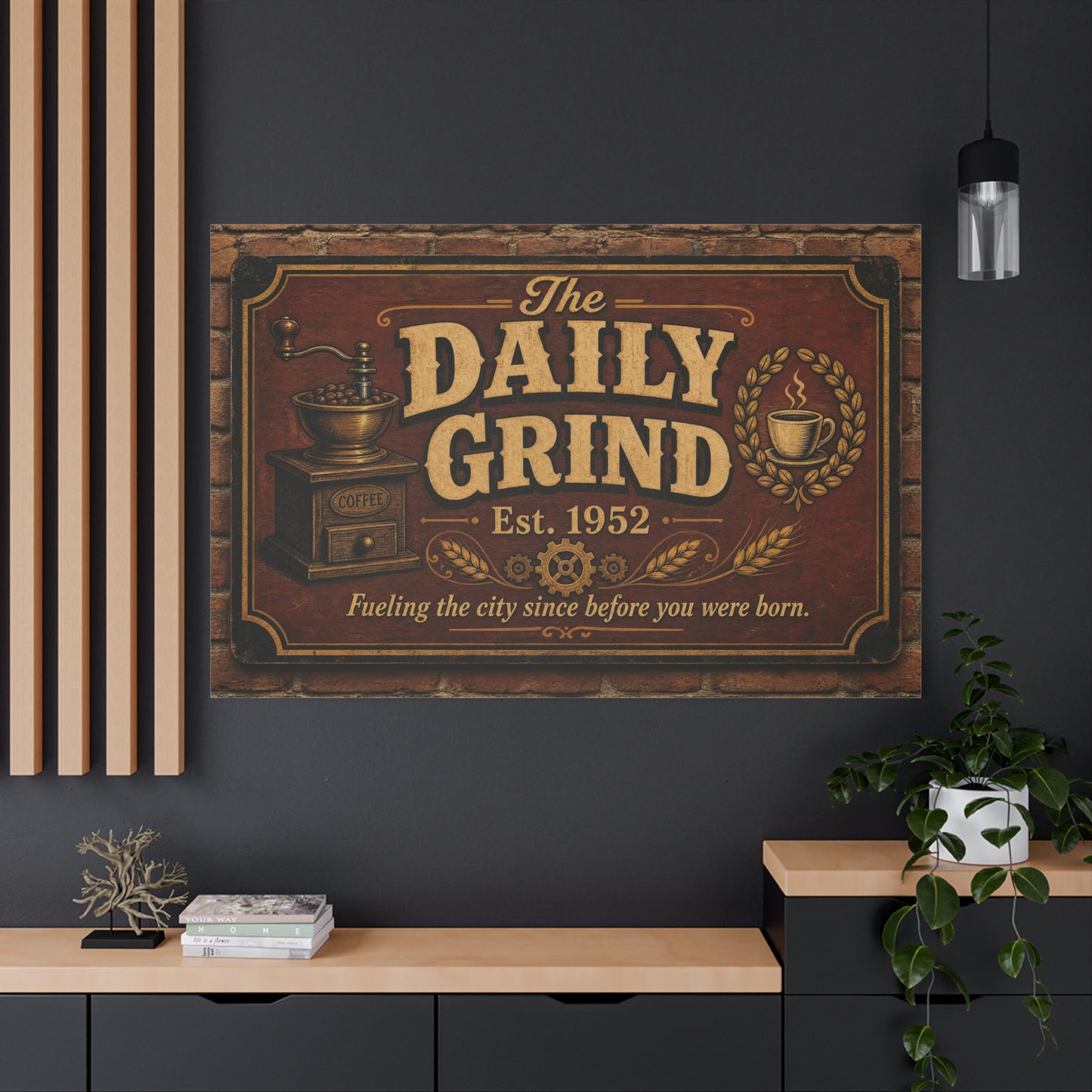 "The Daily Grind" Coffee Canvas Wall Art - Vintage Cafe Sign, Rustic Brown Typography Print, Farmhouse Decor, Coffee Bar Wall Hanging - Bistro Decor - Espresso Bar Sign - Gallery Wrapped Canvas