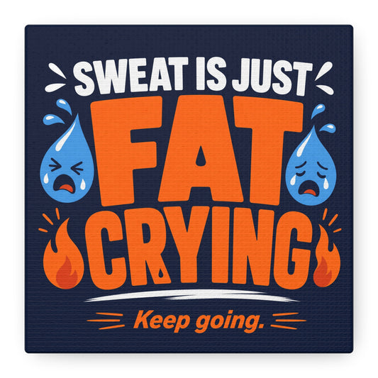 "Sweat Is Just Fat Crying Keep Going" Typography Canvas Wall Art - Funny Gym Motivation Quote Print, Navy Orange Blue Workout Decor - Modern Home Office Wall Decor - Ready to Hang - Ready to Hang