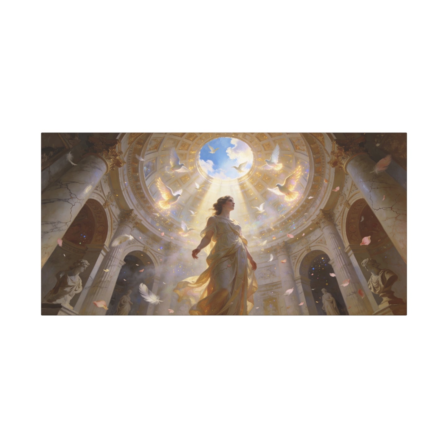 Virgin Mary Canvas Wall Art - Heavenly Doves, Cathedral Dome Light - Matte Cotton Art Print - Traditional Religious Style - Bedroom Wall Decor, Meditation Space Accent - Bedroom Home Decoration