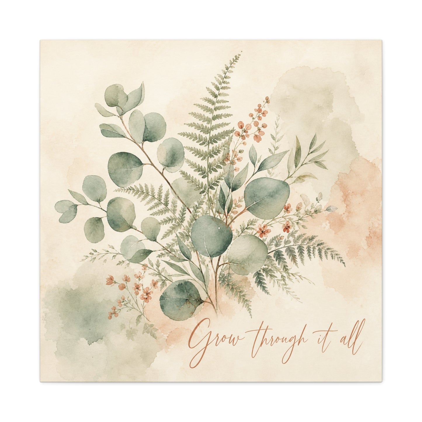 "Grow Through It All" Botanical Canvas Wall Art - Eucalyptus Fern Watercolor Quote Print, Sage Green Floral Home Decor - Modern Farmhouse Style, Bedroom Wall Hanging - Ready to Hang - Ready to Hang