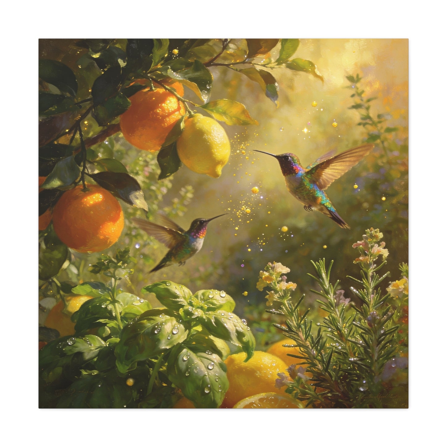 Hummingbird Citrus Canvas Wall Art - Lemon Orange Botanical Garden Print - Golden Light, Nature Home Decor, Living Room Wall Decor, Bedroom Home Decoration, Matte Finish Canvas - Cozy Reading Nook Art