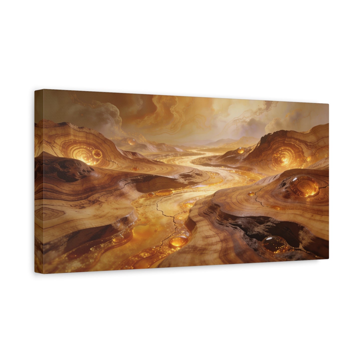 Golden Abstract Landscape Canvas Wall Art - Glowing River, Swirling Stone Forms - Contemporary Matte Canvas Print - Living Room Wall Decor, Bedroom Home Decoration, Office Art - Modern Farmhouse Style