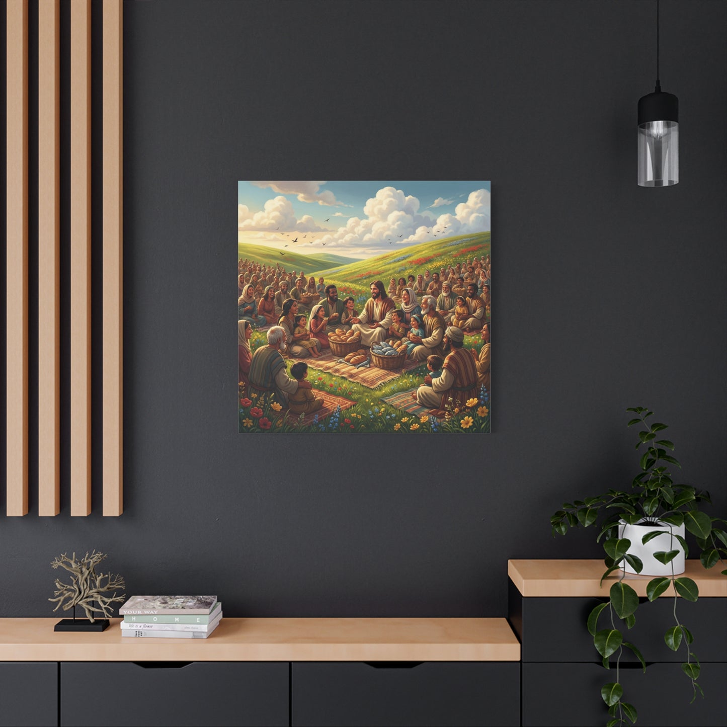 Jesus Feeding The Multitude Canvas Wall Art - Bread And Fish Biblical Scene - Meadow Landscape Christian Home Decor - Matte Cotton Print For Living Room, Bedroom, Office, Meditation Space
