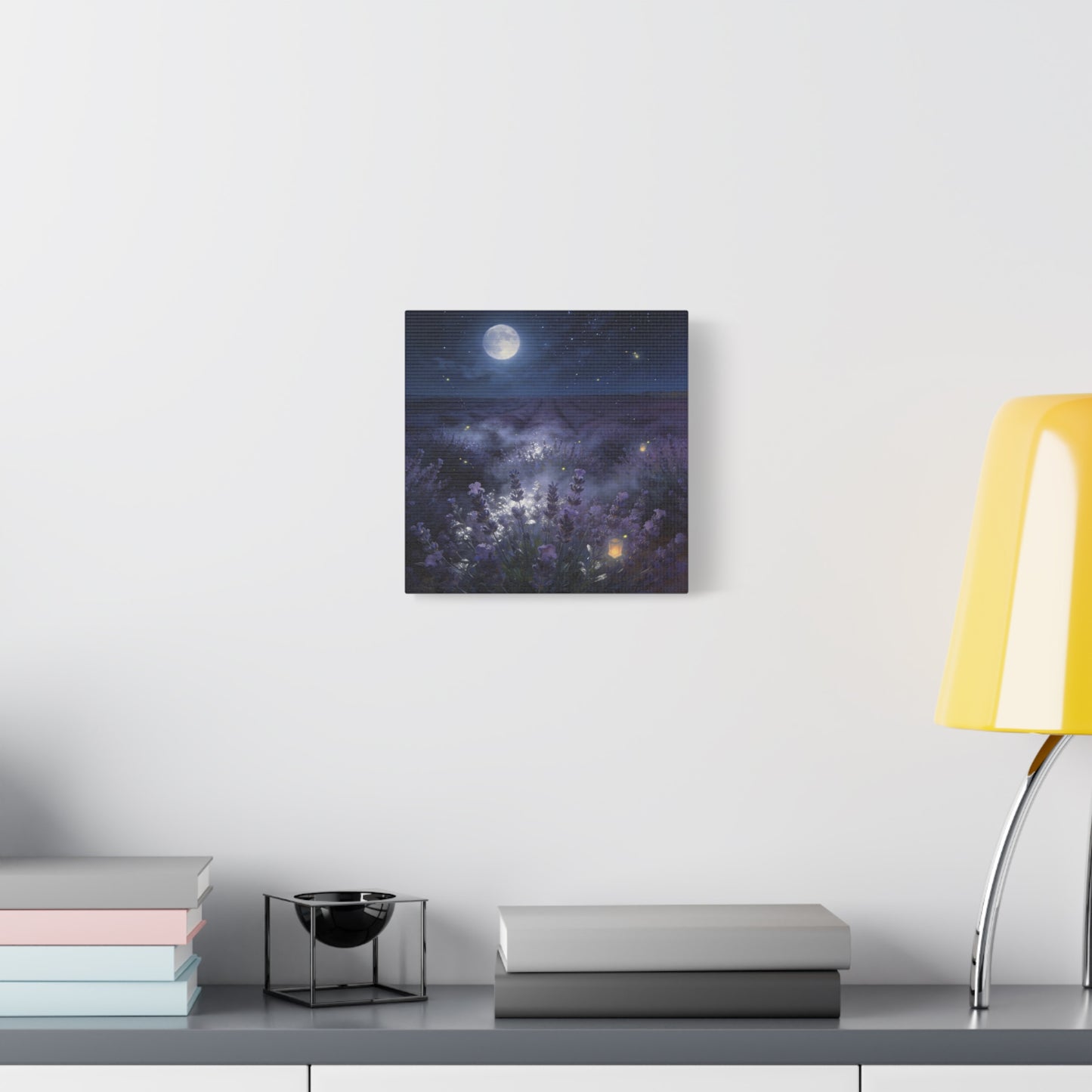Moonlit Lavender Field Canvas Wall Art - Firefly Night Landscape, capiz shells wall decor - Matte Cotton Art Print, Calming Traditional Style - Bedroom Home Decoration, Office Wall Art - Ready to Hang