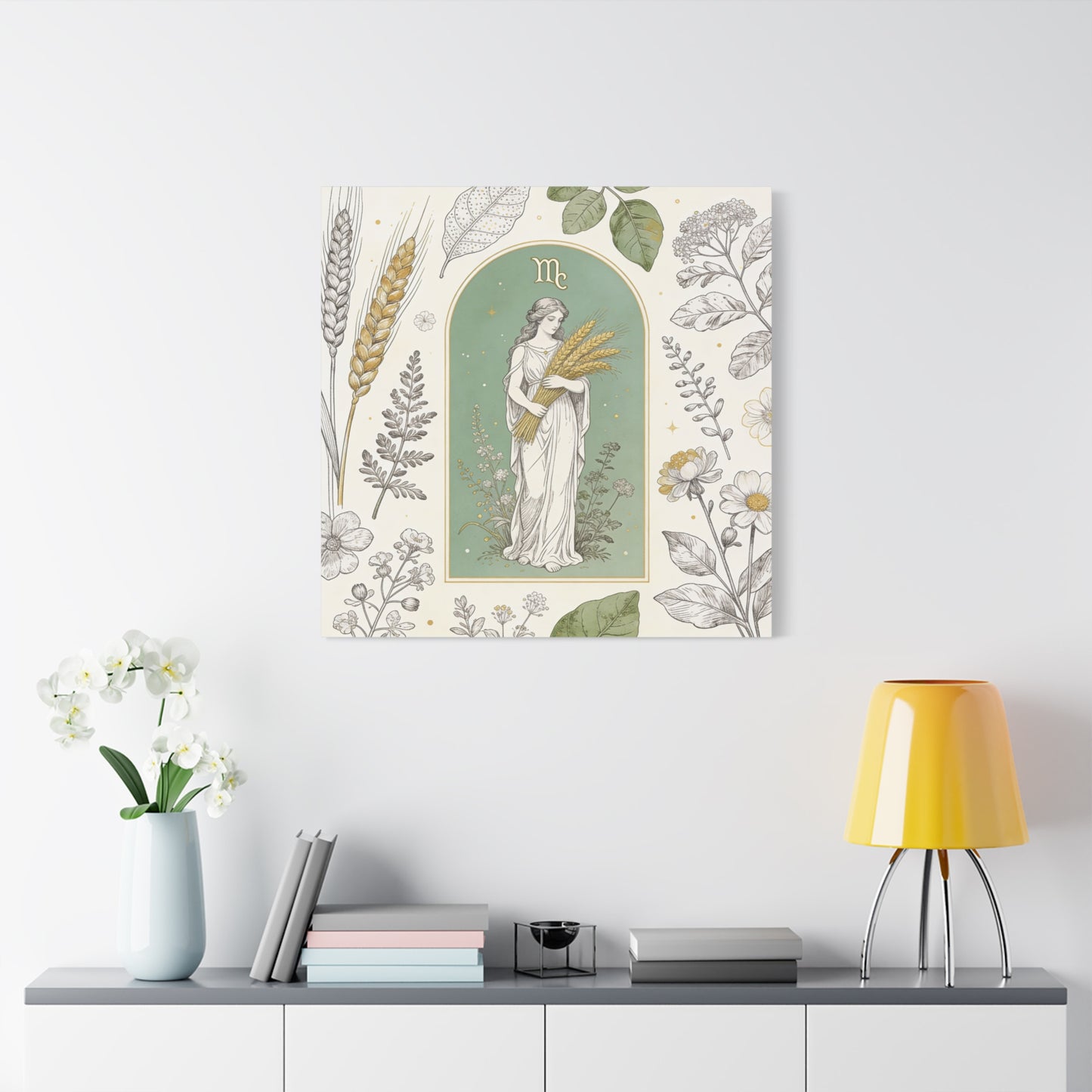 Virgo Zodiac Canvas Wall Art - Botanical Maiden Holding Wheat, Celestial Illustration - Sage Green Gold Cotton Print - Vintage Astrology Decor, Bedroom Wall Hanging Accent - Bedroom Home Decoration