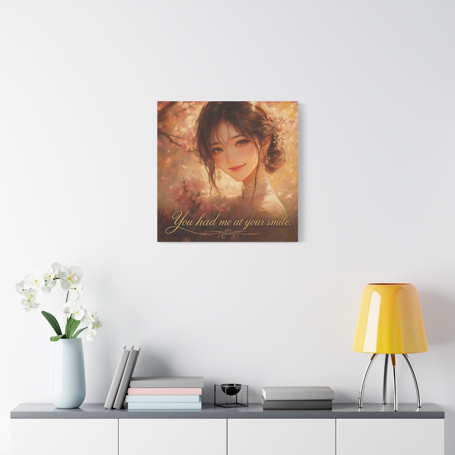 You Had Me At Your Smile Portrait Canvas Wall Art - Romantic Floral Woman Quote Print - Golden Blush Illustration - Traditional Style Living Room Decor - Ready to Hang - Living Room Wall Decor