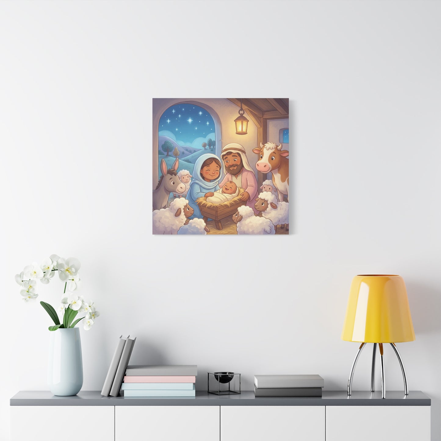 Holy Family Nativity Canvas Wall Art - Baby Jesus, Mary And Joseph Nursery Decor - Starry Stable Christian Home Decoration - Matte Canvas Print For Bedroom, Living Room - Ready to Hang - Ready to Hang