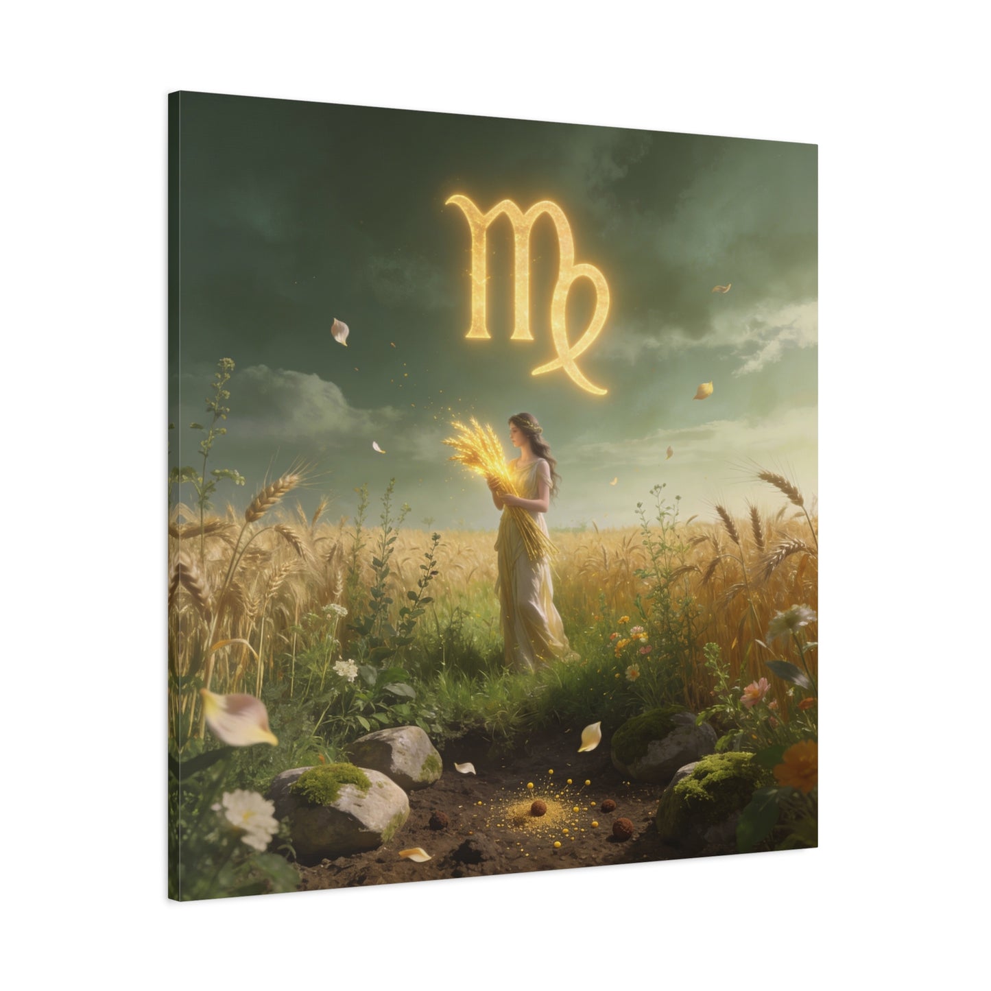 Virgo Zodiac Canvas Wall Art - Glowing Virgo Symbol, Woman In Wheat Field - Mystical Celestial Illustration, Matte Canvas Print - Bedroom Wall Decor, Meditation Space Accent - Bedroom Home Decoration
