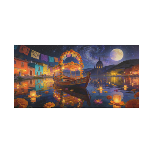 Moonlit Marigold Boat Canvas Wall Art - Colorful Festival Lake Scene, Full Moon Night Sky - Matte Cotton Art Print - Bohemian Living Room Wall Decor, Bedroom Home Decoration - Bedroom Home Decoration