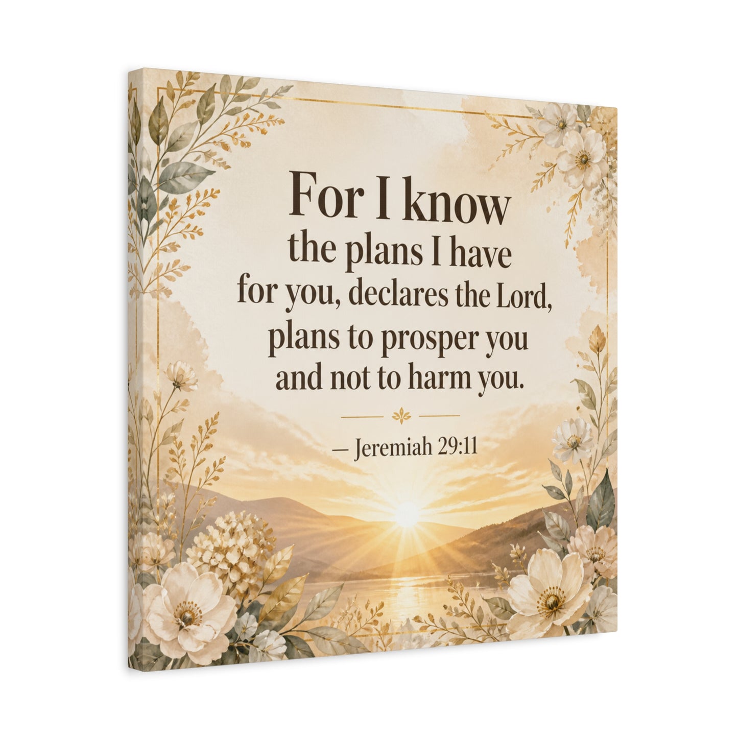 "For I Know The Plans I Have For You" Bible Verse Canvas Wall Art - Jeremiah 29:11 Floral Scripture Print, Gold Sunrise Landscape, Christian Wall Decor For Bedroom, Living Room - Ready to Hang