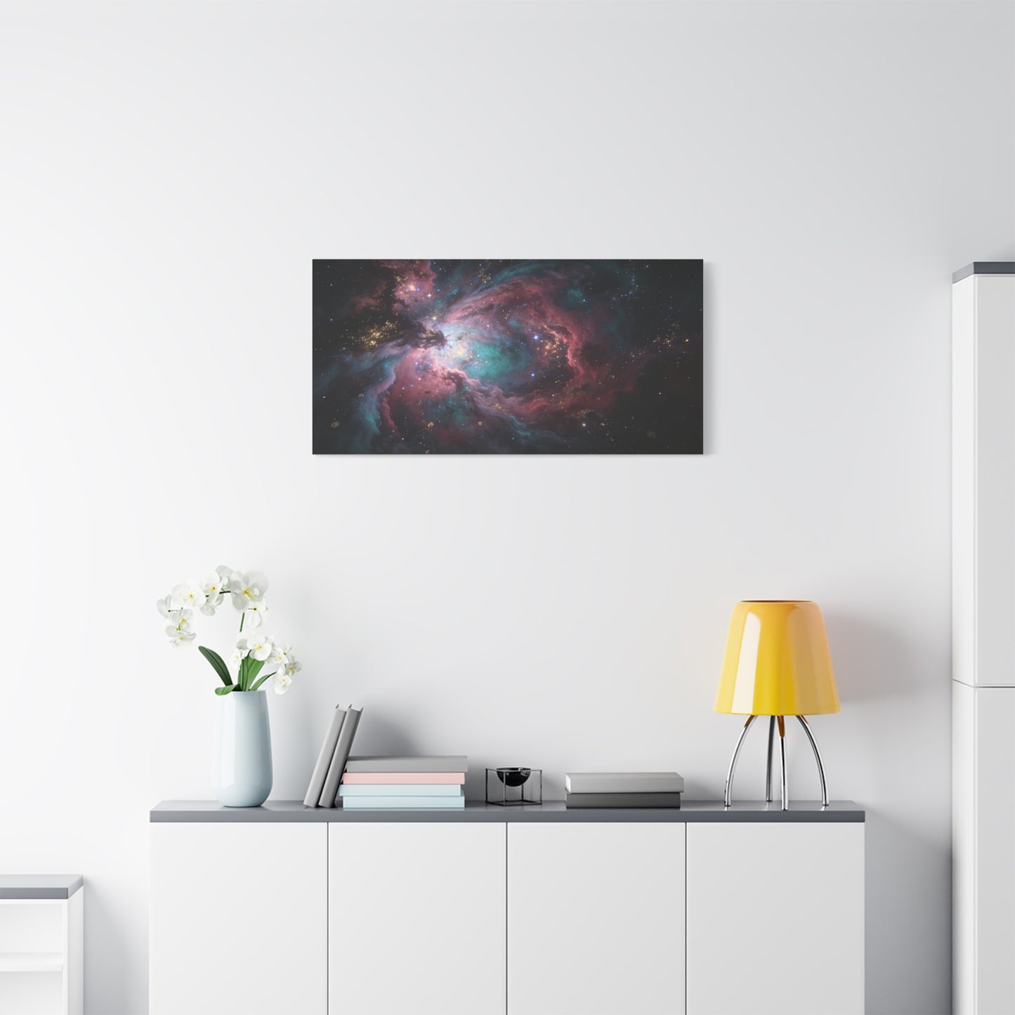 Cosmic Nebula Canvas Wall Art - Abstract Galaxy Space Cloud Canvas Print - Teal Pink Gold Celestial Swirl - Contemporary Panoramic Wall Decor - Living Room Bedroom Office Accent - Ready to Hang