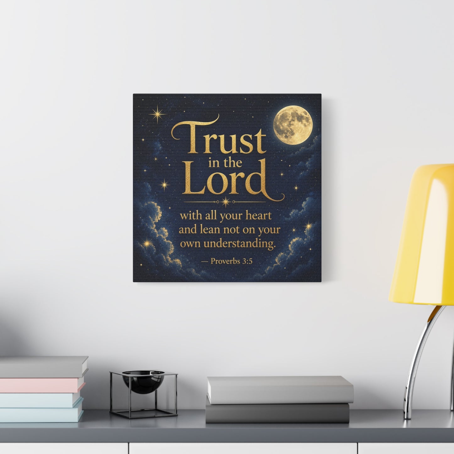 "Trust In The Lord" Bible Verse Canvas Wall Art - Moonlit Scripture Quote, Gold Typography, Christian Wall Decor - Traditional Night Sky Design - Bedroom Living Room Decoration - Ready to Hang
