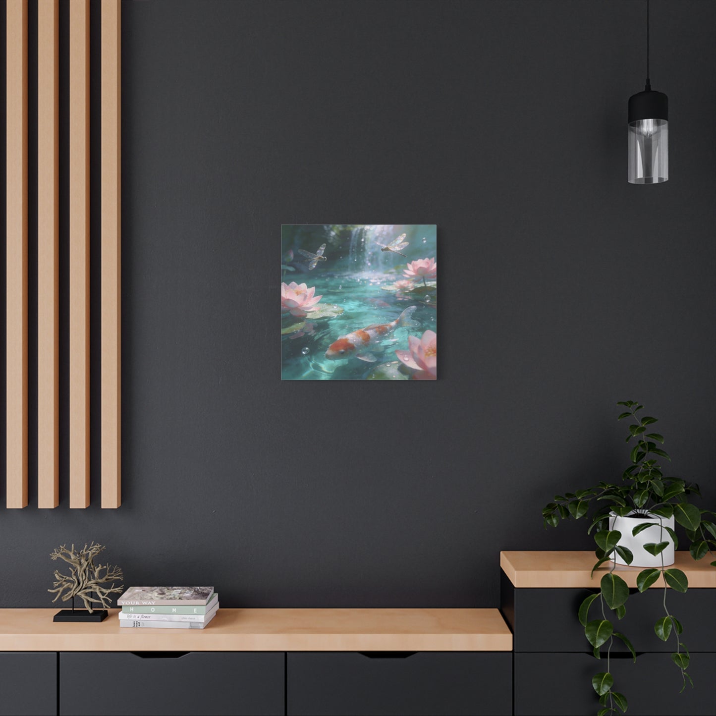 Koi Fish Lotus Canvas Wall Art - Dragonflies Over Teal Pond Water, Pink Water Lily Floral Scene - Dreamy Matte Canvas Print - Bedroom Wall Decor, Living Room Home Accent - Bedroom Home Decoration