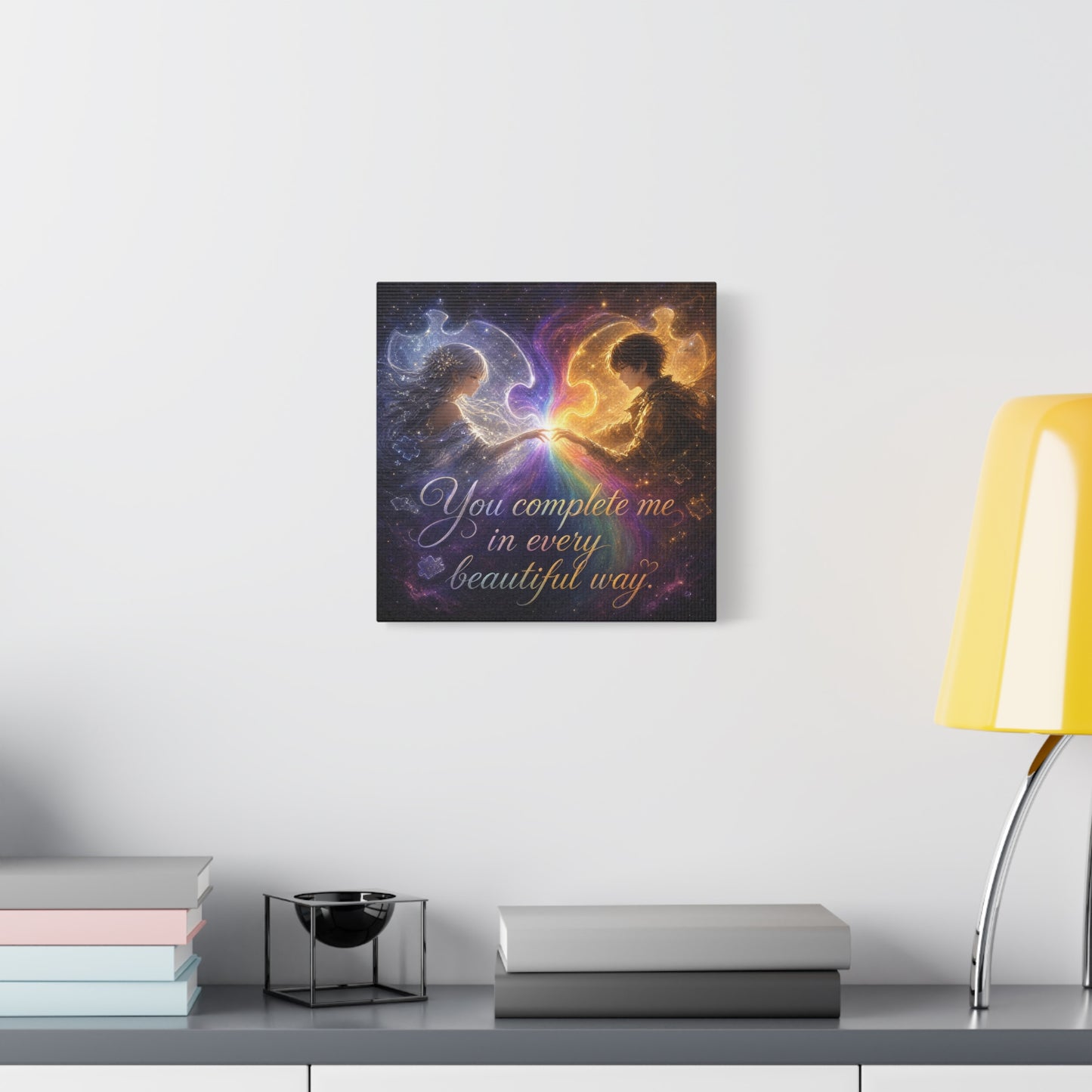 "You Complete Me In Every Beautiful Way" Romantic Couple Canvas Wall Art - Celestial Puzzle Soulmate Quote Print, Fantasy Love Decor - Bedroom Wall Hanging - Ready to Hang - Bedroom Home Decoration
