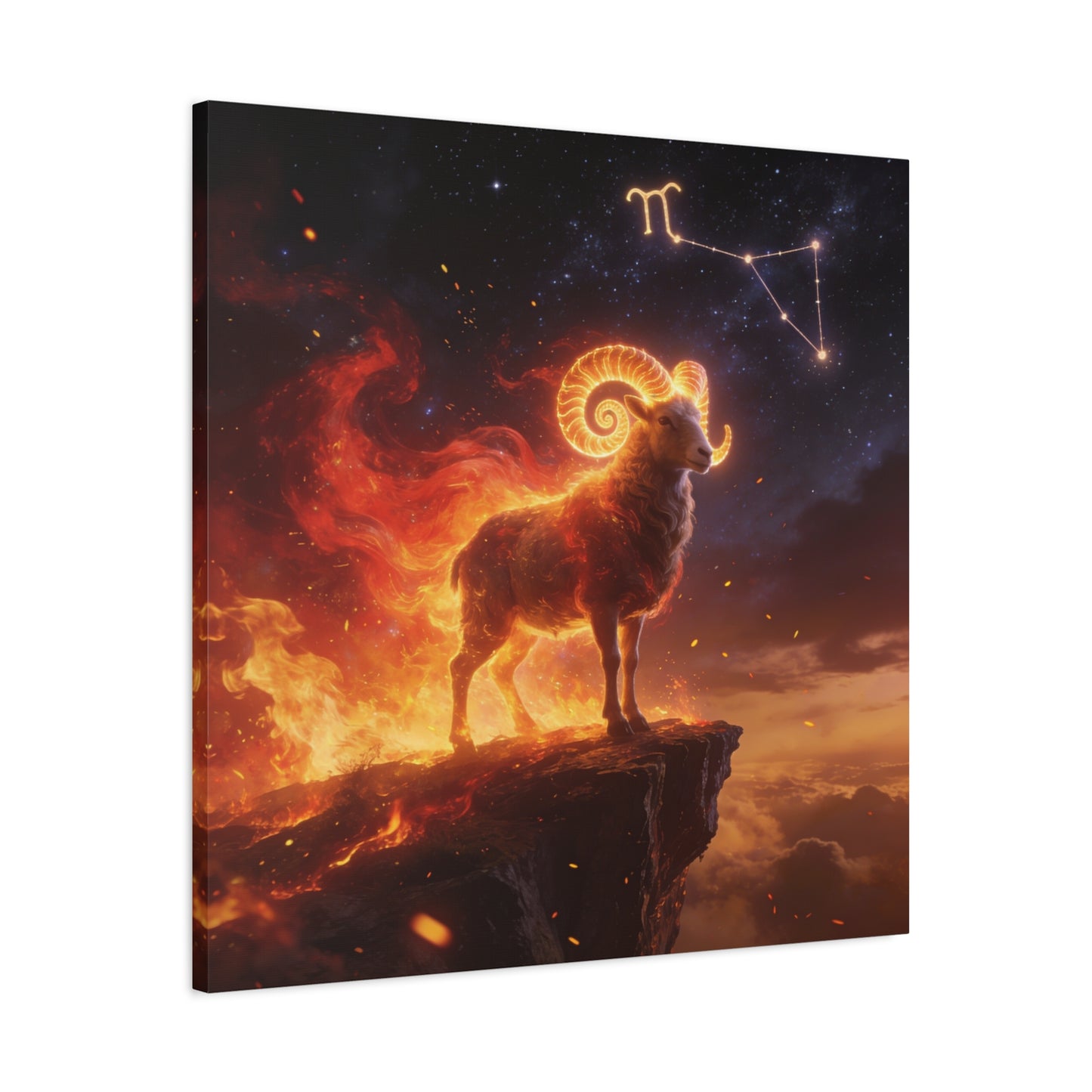 Aries Ram Canvas Wall Art - Fiery Zodiac Constellation Celestial Animal Print - Glowing Horns, Cosmic Night Sky - Contemporary Fantasy Style - Bedroom Home Decoration Office Wall Art - Ready to Hang