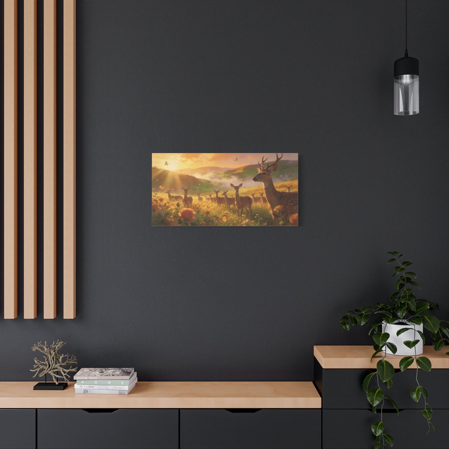 Deer Meadow Canvas Wall Art - Golden Sunrise Wildlife Landscape, Butterflies, Floral Field - Matte Finish Canvas Print - Rustic Nature Style, Living Room Wall Decor - Bedroom Home Decoration