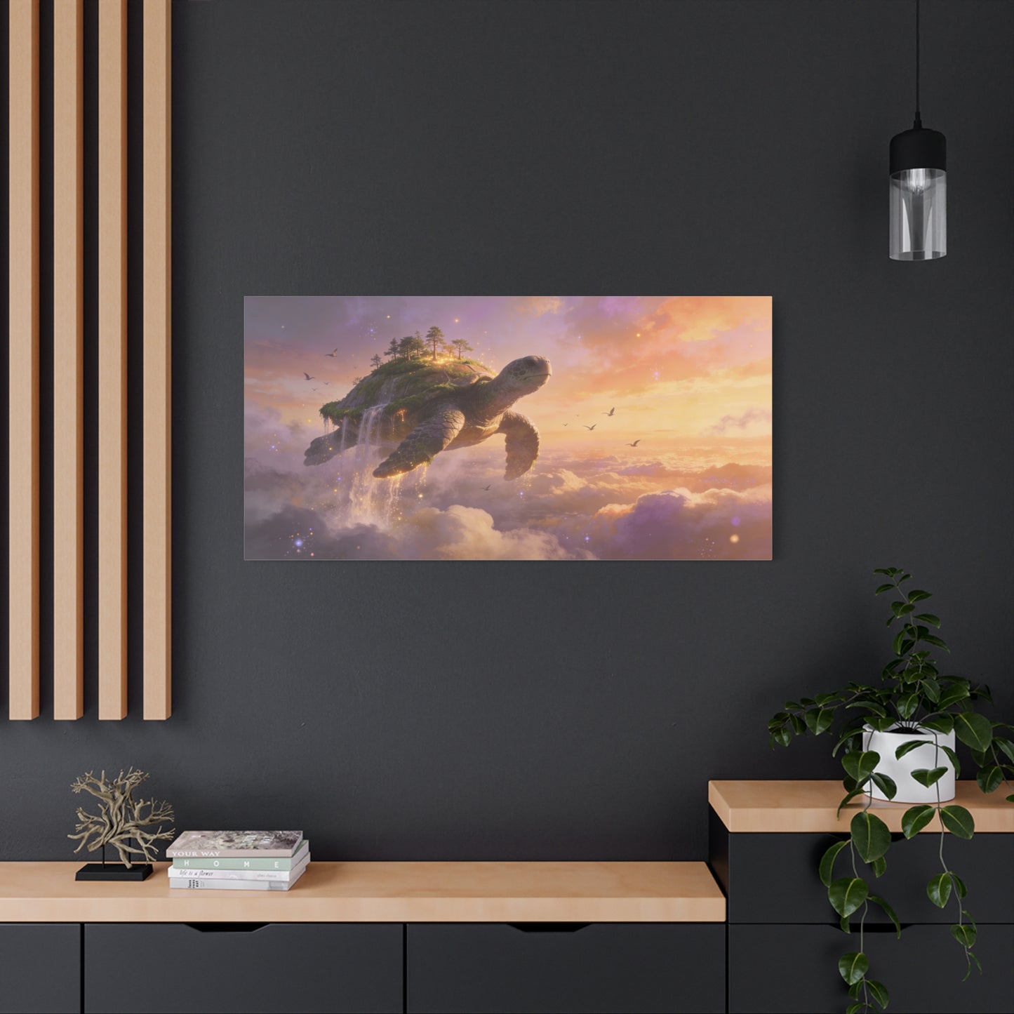 Flying Sea Turtle Canvas Wall Art - Fantasy Sky Island, Waterfall Clouds, Dreamy Surreal Canvas Print - Contemporary Celestial Style - Living Room Wall Decor, Bedroom Home Accent - Ready to Hang