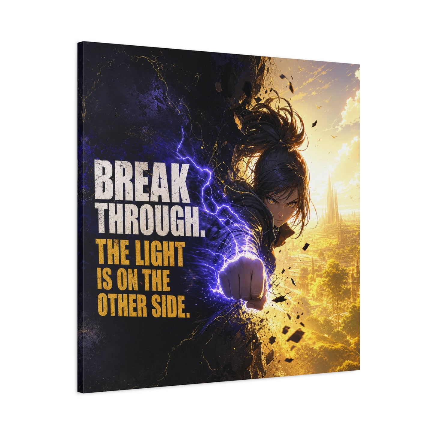 "Break Through. The Light Is On The Other Side." Anime Canvas Wall Art - Motivational Fantasy Girl Poster Print, Dramatic Gold Lightning, Contemporary Bedroom Decor, Teen Room Accent - Office Wall Art