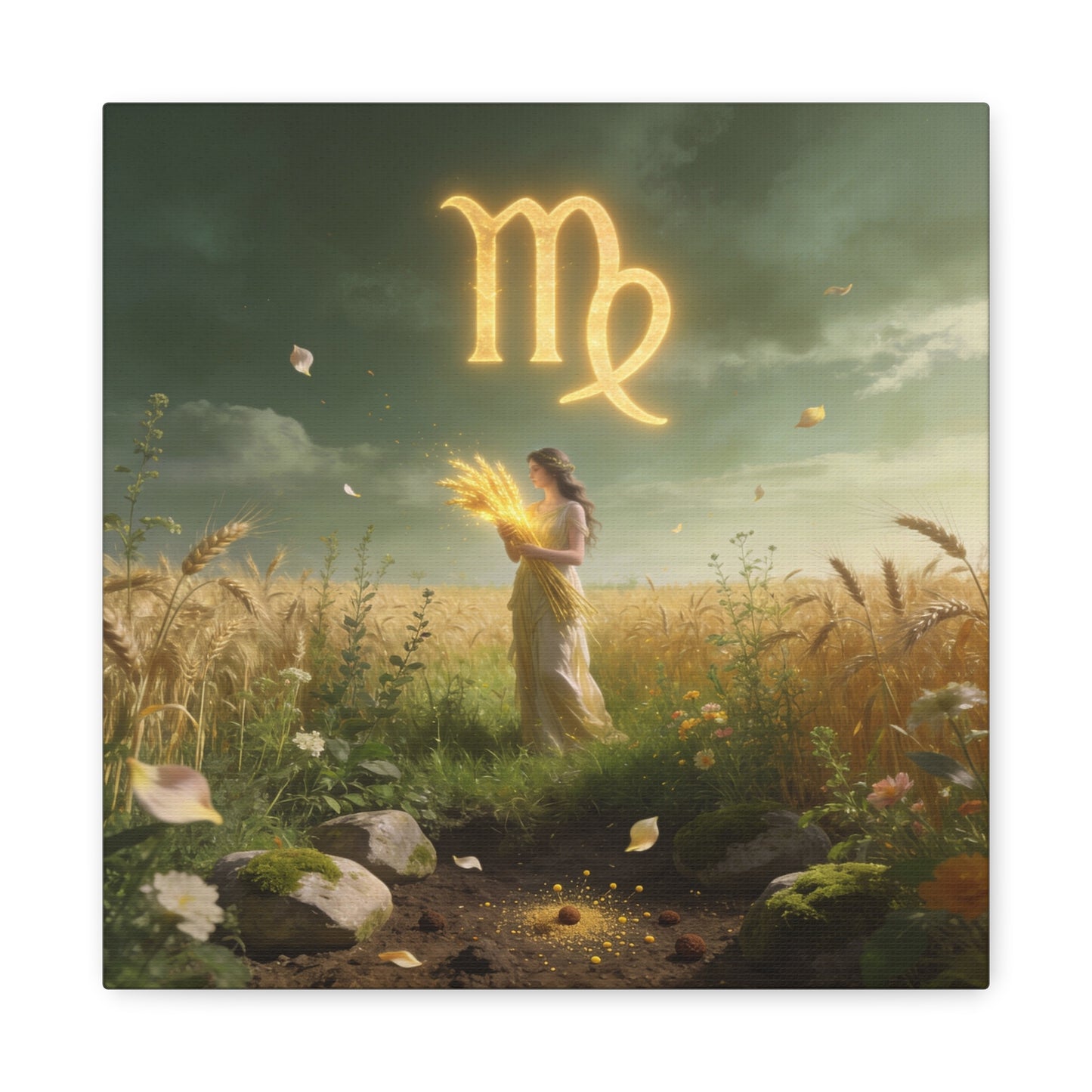 Virgo Zodiac Canvas Wall Art - Glowing Virgo Symbol, Woman In Wheat Field - Mystical Celestial Illustration, Matte Canvas Print - Bedroom Wall Decor, Meditation Space Accent - Bedroom Home Decoration