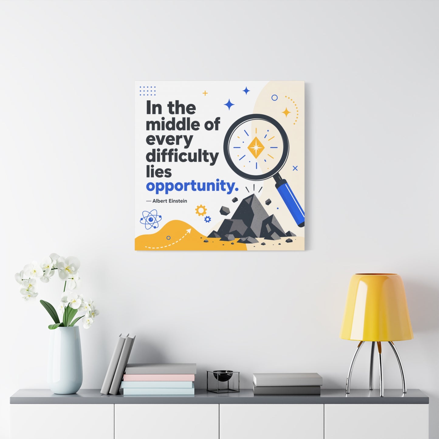 "In The Middle Of Every Difficulty Lies Opportunity." Einstein Canvas Wall Art - Motivational Quote Print, Blue Yellow Modern Typography, Office Decor, Classroom Inspiration, Study Room Accent