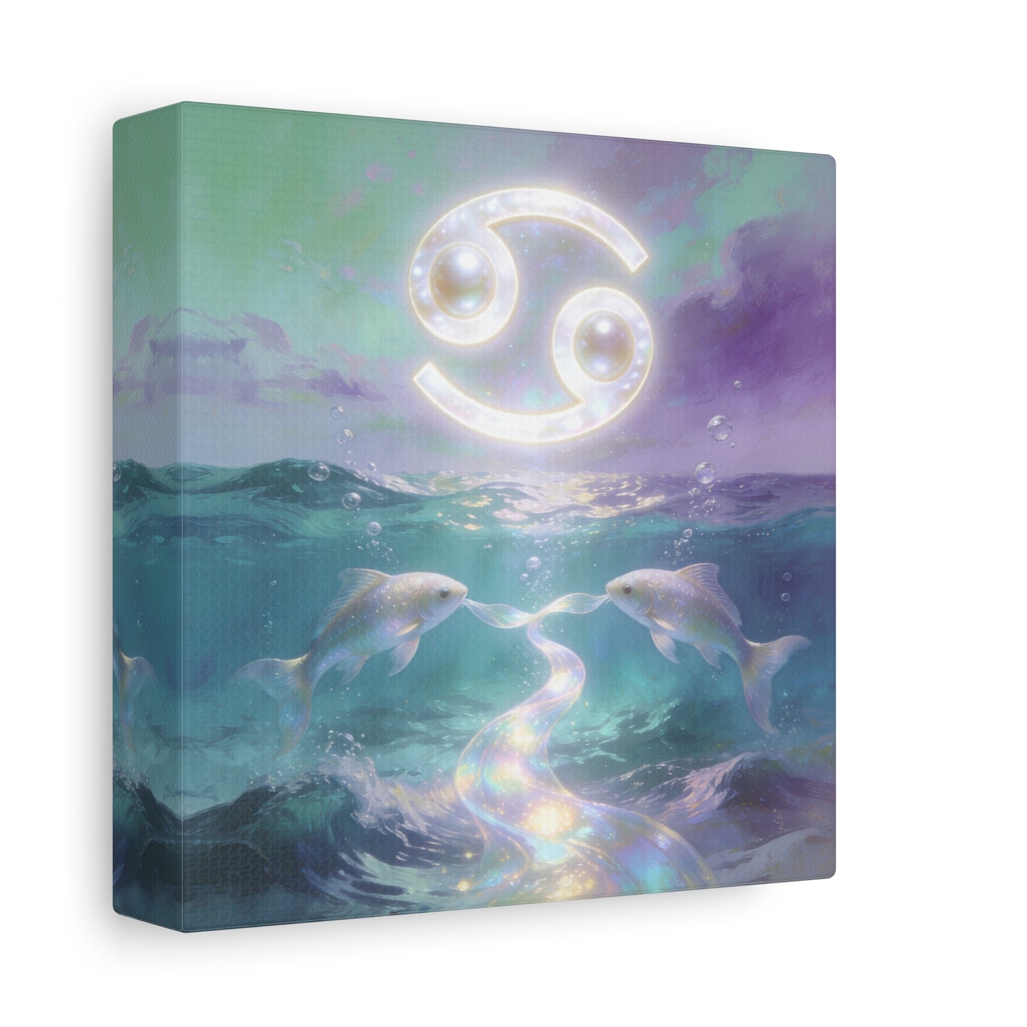 Cancer Zodiac Canvas Wall Art - Two Pearl Fish Ocean Illustration, Celestial Astrology Decor - Iridescent Matte Canvas Print - Mystical Coastal Style For Bedroom Living Room - Living Room Wall Decor