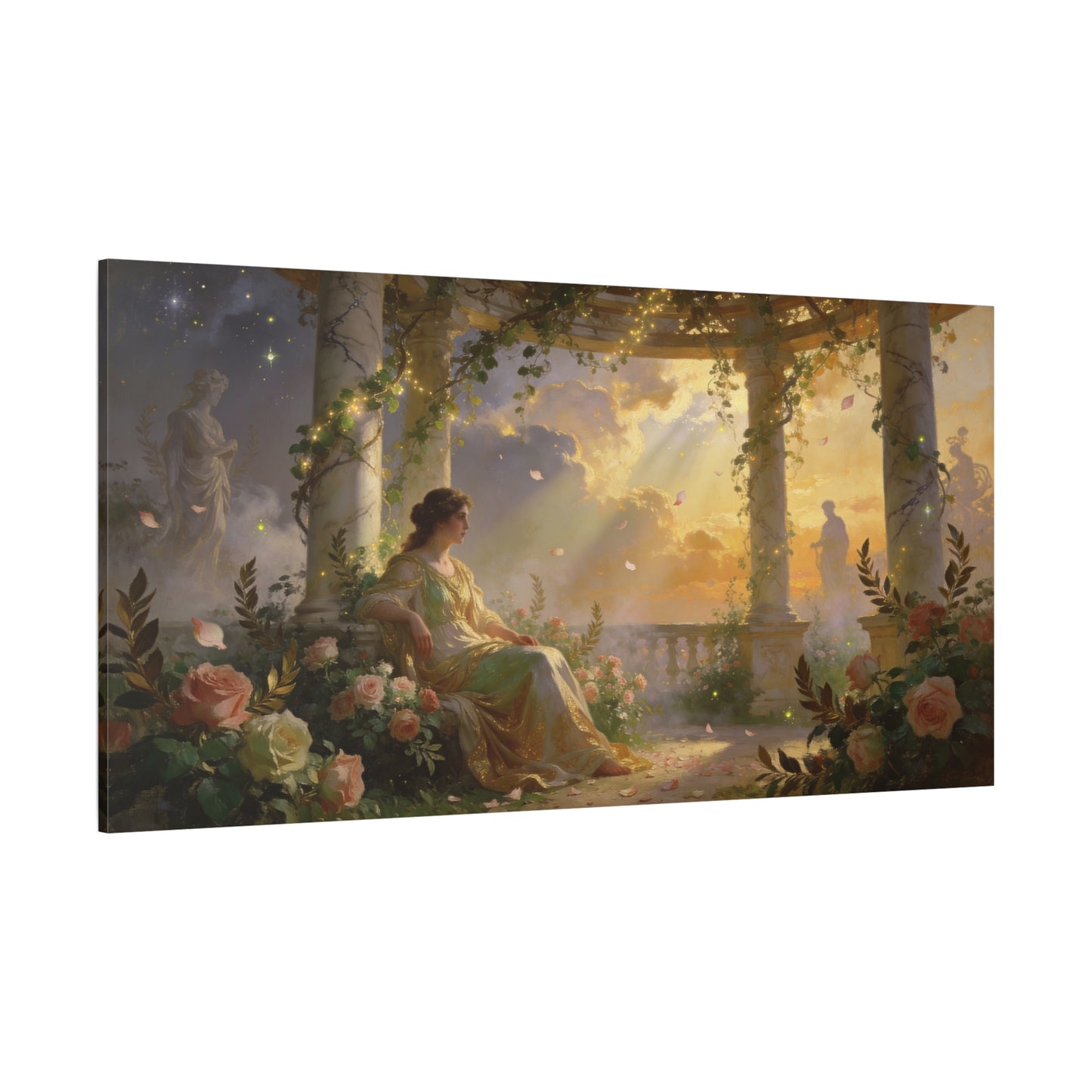 Classical Garden Woman Canvas Wall Art - Rose Pergola Sunset Scene, Romantic Fantasy Painting - Matte Cotton Art Print - Bedroom Wall Decor, Living Room Home Decoration - Bedroom Home Decoration