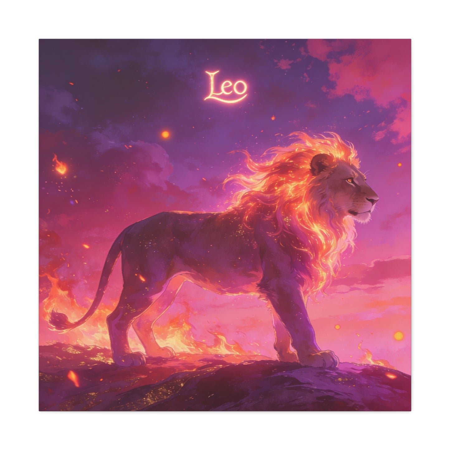 "Leo" Lion Canvas Wall Art - Fiery Zodiac Illustration, Purple Pink Sky, Matte Finish Canvas Print - Modern Astrology Decor, Bedroom Home Decoration, Office Wall Art Accent - Bedroom Home Decoration