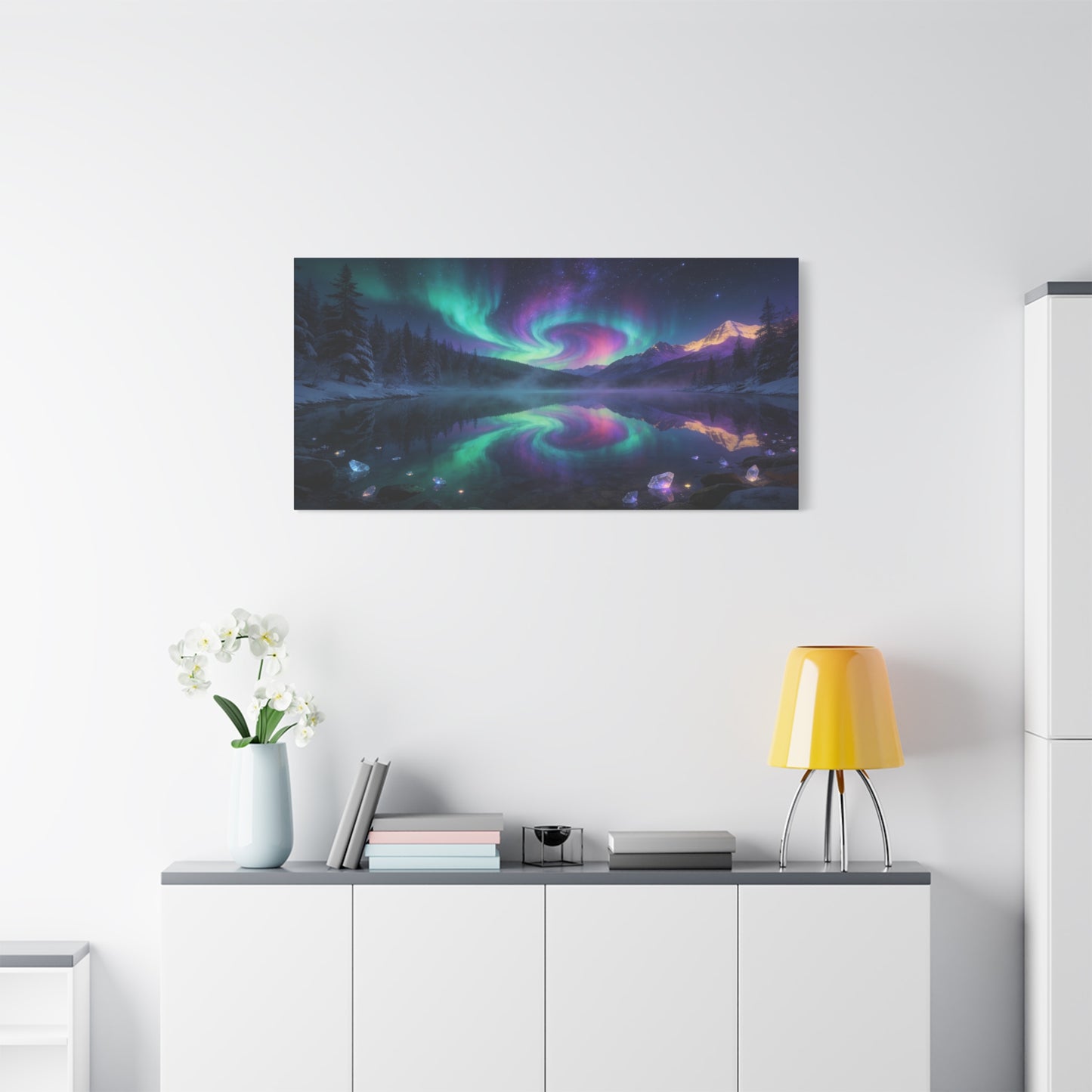 Aurora Borealis Mountain Lake Canvas Wall Art - Northern Lights Night Sky, Snowy Pine Forest Reflection - Dreamy Matte Canvas Print - Bedroom Wall Decor, Living Room Accent - Bedroom Home Decoration