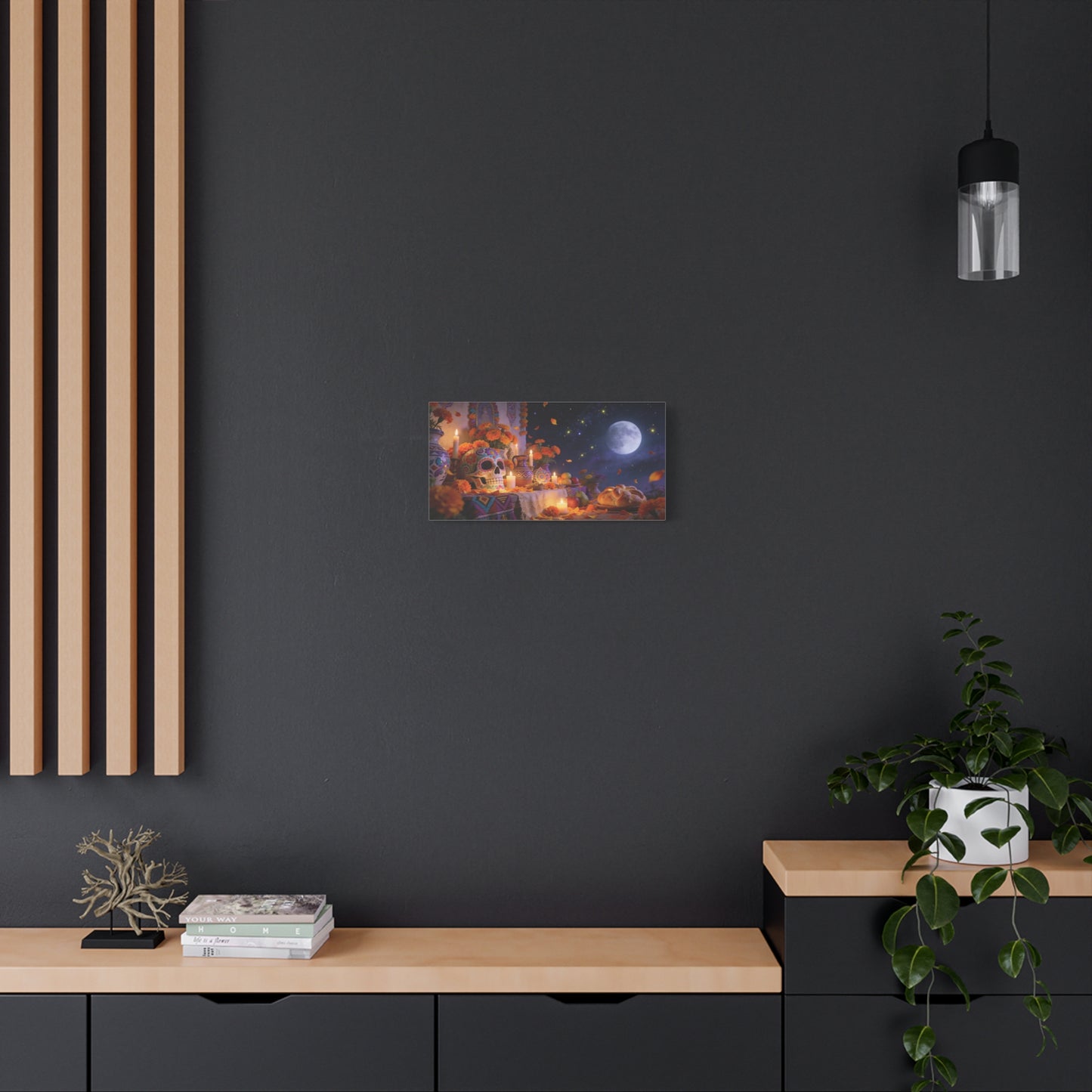 Day Of The Dead Altar Canvas Wall Art - Sugar Skull, Marigolds, Candles, Full Moon - Traditional Folk Style - Living Room Wall Decor, Dining Room Accent, Bedroom Home Decoration - Ready to Hang