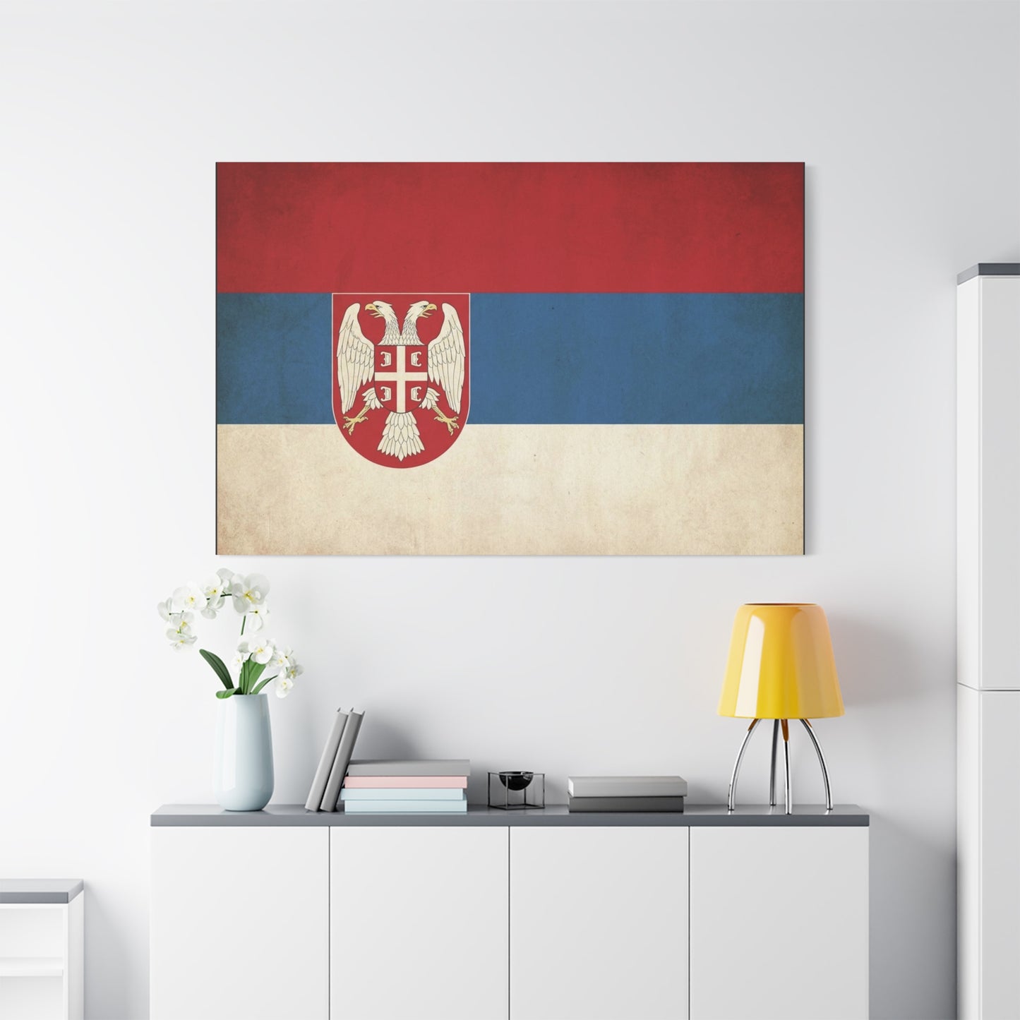 Serbian Flag Canvas Wall Art - Vintage Serbia Coat Of Arms Print, Patriotic Tricolor Decor - Rustic National Heritage Style - Living Room Wall Decor - Bedroom Home Decoration - Bedroom Home Decoration
