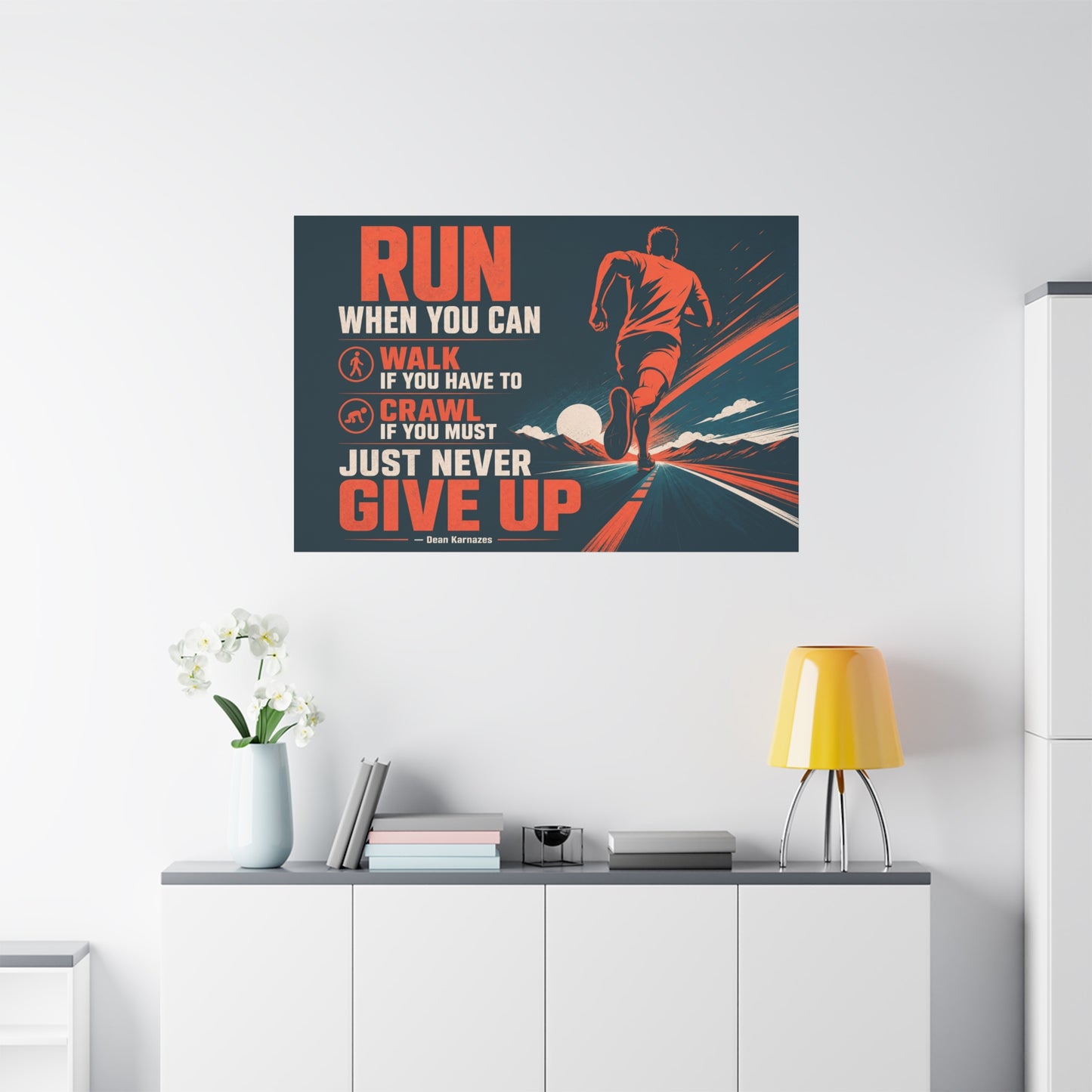 "Run When Able Walk If Needed Crawl If Required Just Never Give Up" Motivational Canvas Wall Art - Runner Road Quote Print, Retro Typography, Gym Wall Hanging - Ready to Hang - Fitness Studio Art