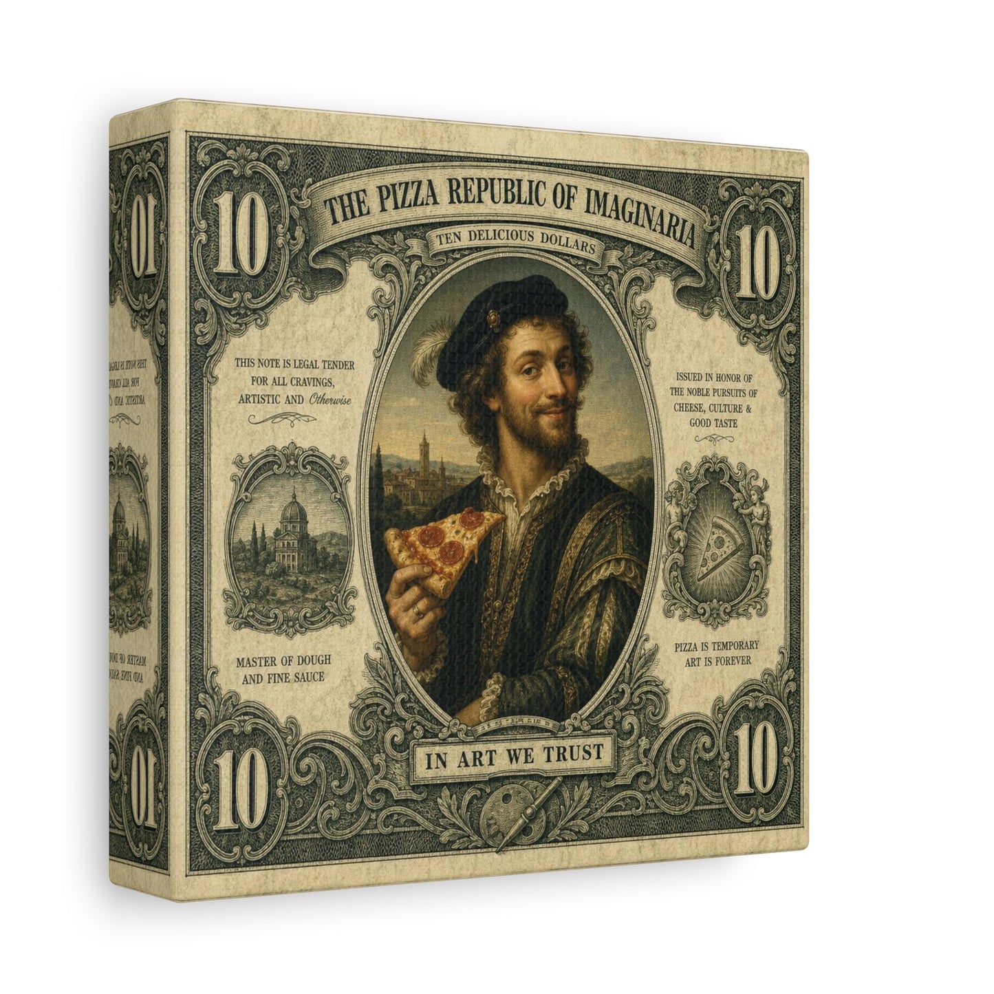 "The Pizza Republic Of Imaginaria" Canvas Wall Art - Vintage Typography Portrait Print, Renaissance Pizza Note Design, Eclectic Office Wall Decor, Cafe Wall Art, Humor Canvas - Reception Area Decor