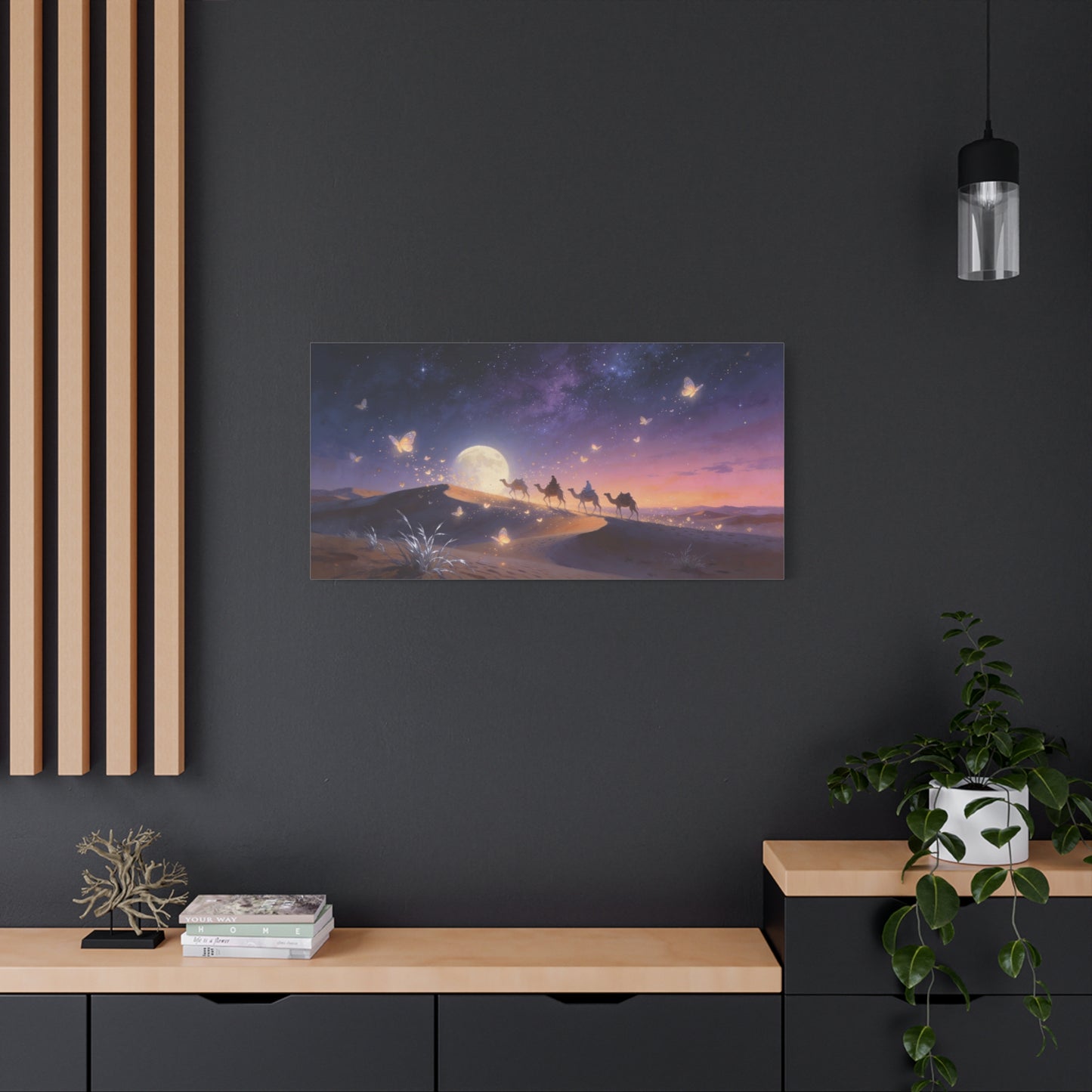 Moonlit Desert Camel Caravan Canvas Wall Art - Starry Night Butterflies, Dreamy Landscape Print - Ethereal Contemporary Style - Living Room Wall Decor, Bedroom Home Decoration - Modern Farmhouse Style
