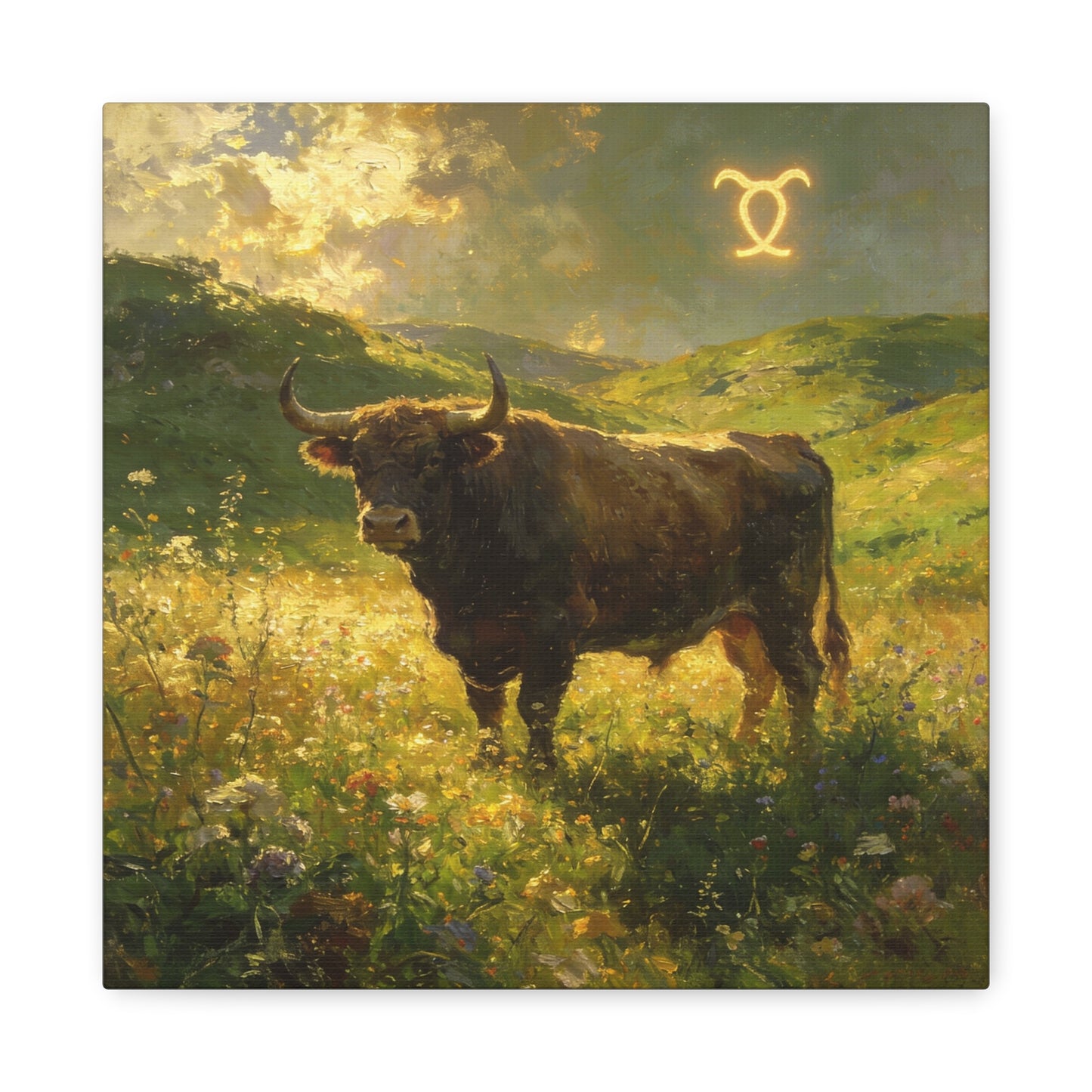 Taurus Bull Canvas Wall Art - Golden Meadow Landscape Painting, Zodiac Symbol, Rustic Contemporary Cotton Canvas Print, Living Room Wall Decor, Bedroom Home Decoration, Office Art Accent