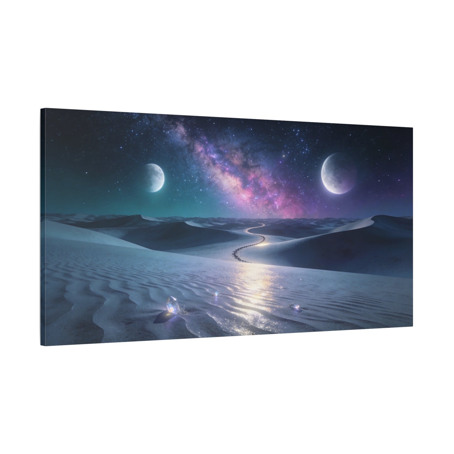 Celestial Desert Canvas Wall Art - Milky Way, Twin Moons, Luminous Dunes - Surreal Nightscape Cotton Print - Contemporary Style, Bedroom Home Decoration, Office Wall Decor - Bedroom Home Decoration