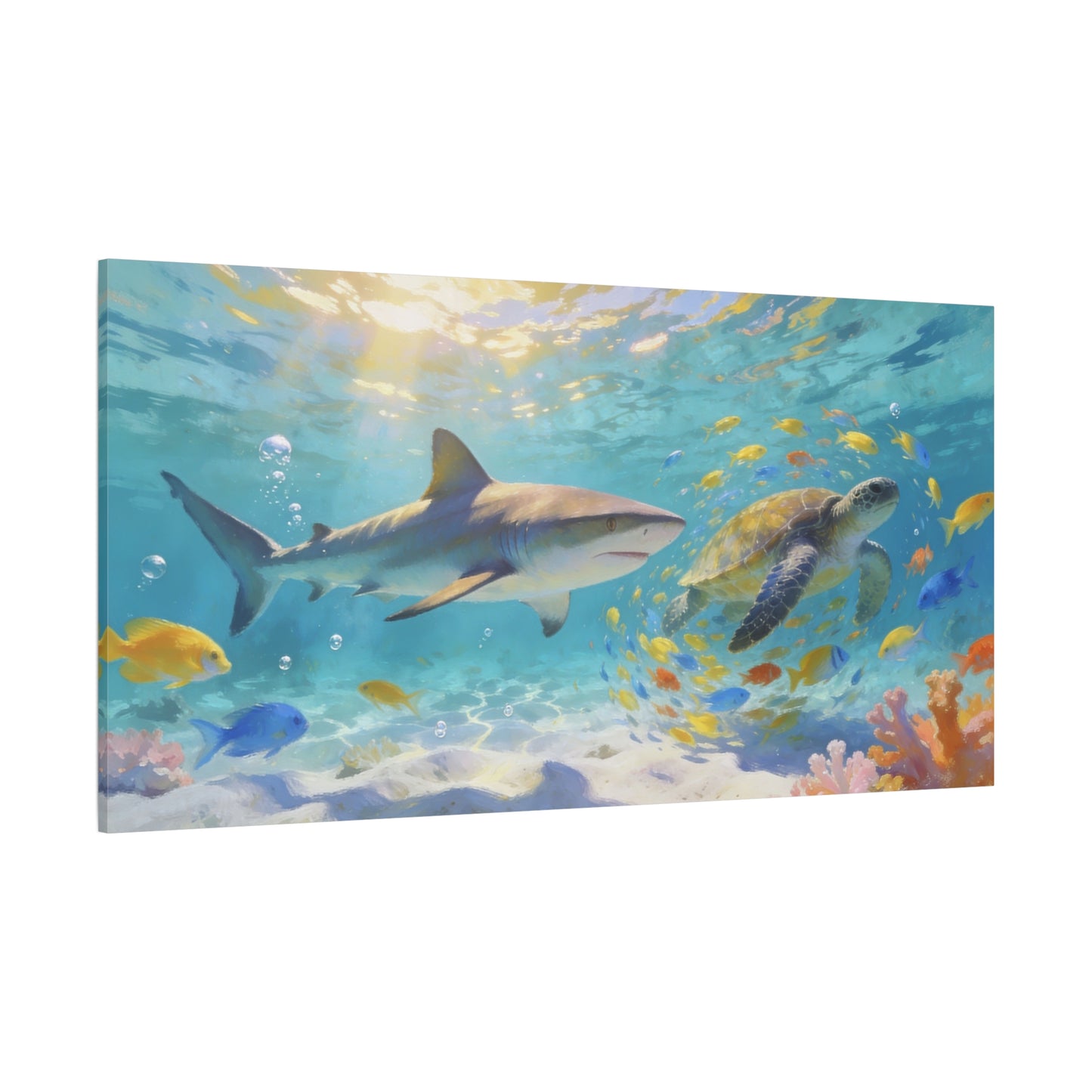 Shark Sea Turtle Canvas Wall Art - Tropical Underwater Ocean Scene, Colorful Fish Coral Reef - Matte Coastal Style - Living Room Wall Decor, Bedroom Home Decoration - Bedroom Home Decoration