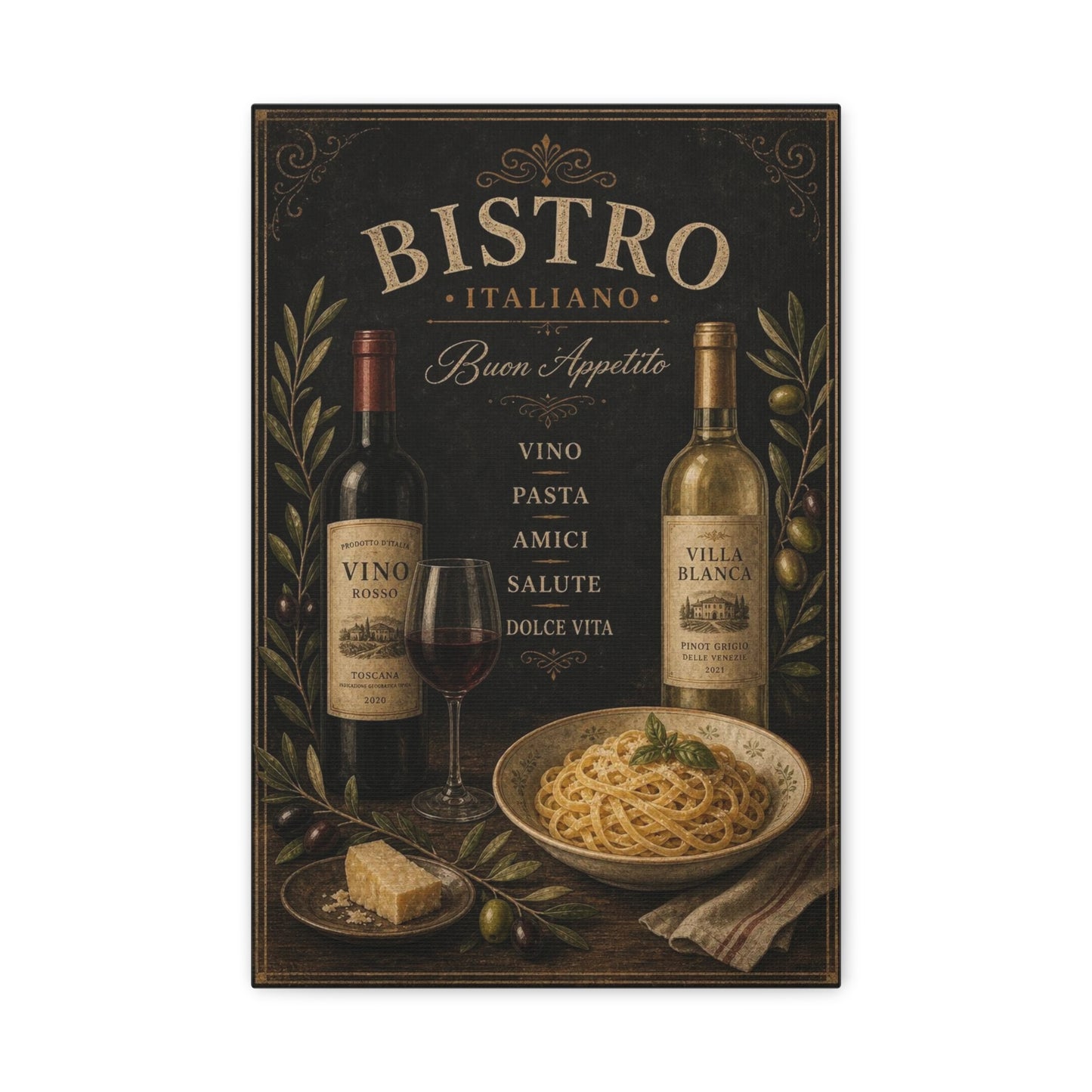 "Bistro Italiano Buon Appetito" Canvas Wall Art - Wine Bottles, Pasta, Olives - Vintage Italian Kitchen Decor - Rustic Farmhouse Style - Dining Room Accent, Cafe Wall Decor - Bedroom Home Decoration
