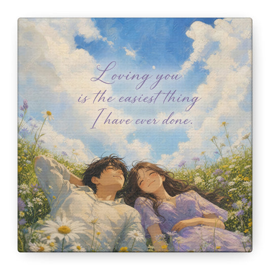 "Loving You Is The Easiest Thing I Have Ever Done." Canvas Wall Art - Romantic Couple In Wildflower Meadow Sky Quote Print - Dreamy Pastel Illustration - Ready to Hang - Living Room Wall Decor