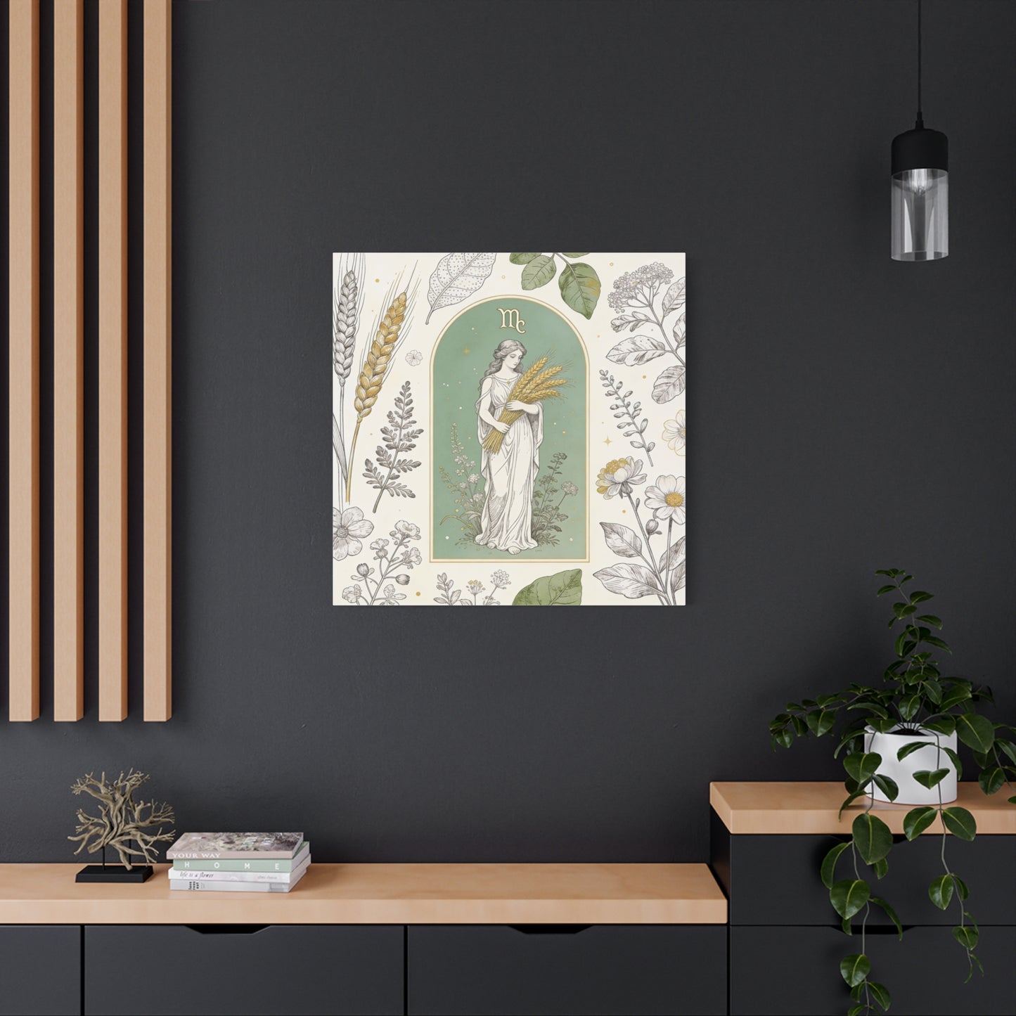 Virgo Zodiac Canvas Wall Art - Botanical Maiden Holding Wheat, Celestial Illustration - Sage Green Gold Cotton Print - Vintage Astrology Decor, Bedroom Wall Hanging Accent - Bedroom Home Decoration
