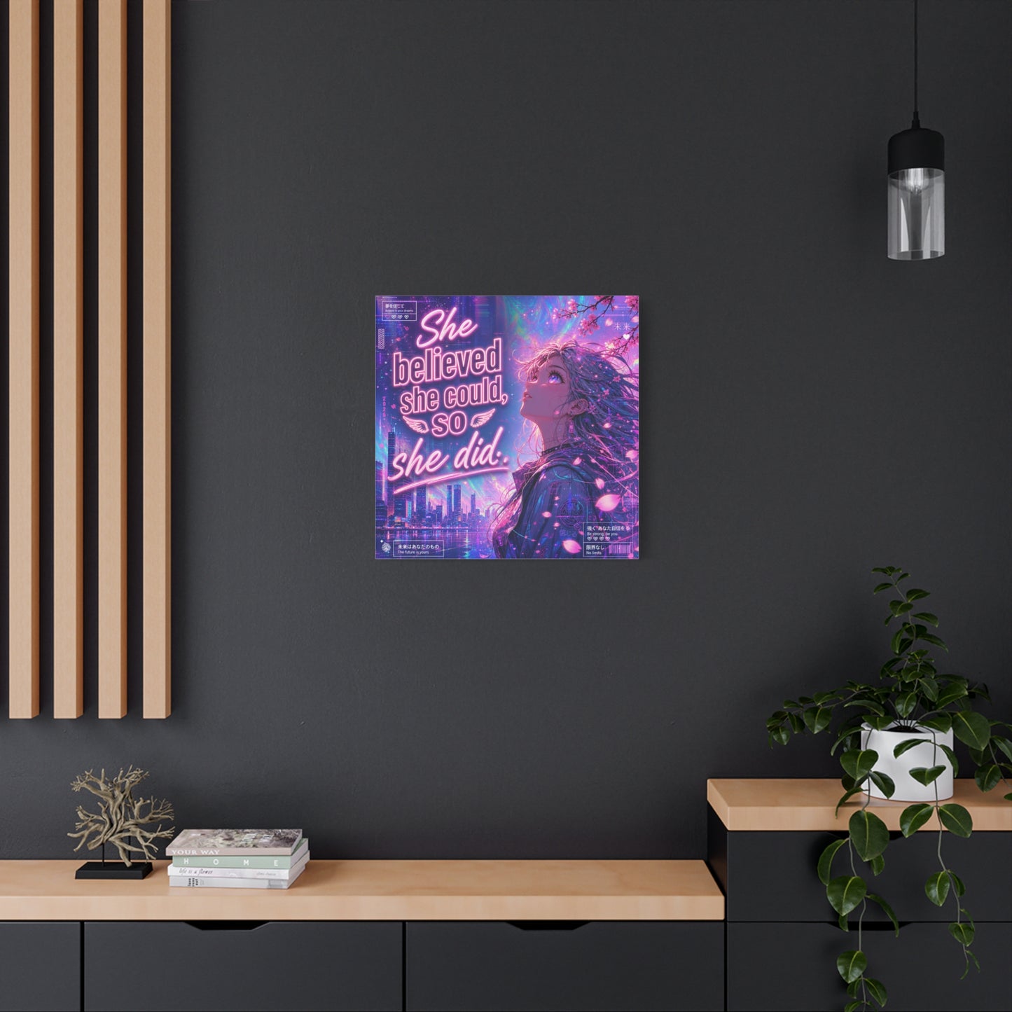 "She Believed She Could, So She Did" Anime Girl Canvas Wall Art - Neon Sakura Cityscape, Inspirational Typography Print - Contemporary Bedroom Wall Decor, Teenager Room Decor - Bedroom Home Decoration