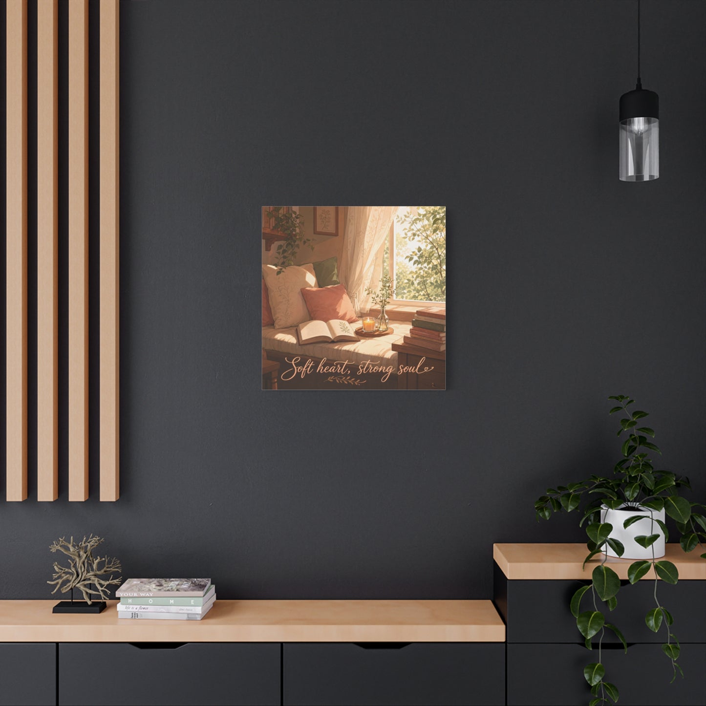 "Soft Heart, Strong Soul" Reading Nook Canvas Wall Art - Sunlit Window Seat, Books, Candle, Botanical Bedroom Decor - Cozy Cottagecore Style - Living Room Wall Decor - Bedroom Home Decoration