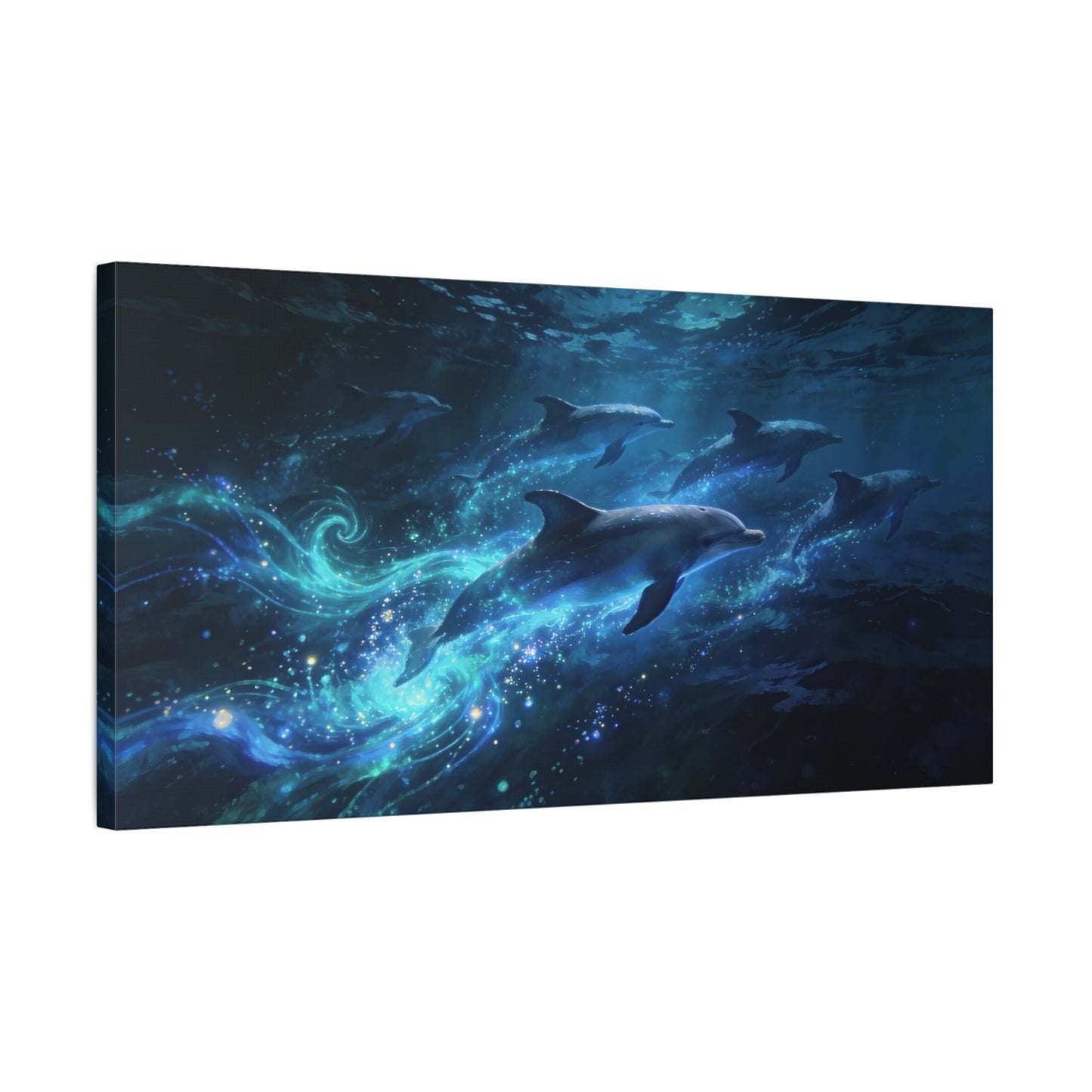 Dolphin Pod Canvas Wall Art - Glowing Underwater Ocean Scene, Blue Fantasy Marine Print - Matte Cotton Artwork - Coastal Style Living Room Wall Decor, Bedroom Home Decoration - Bedroom Home Decoration