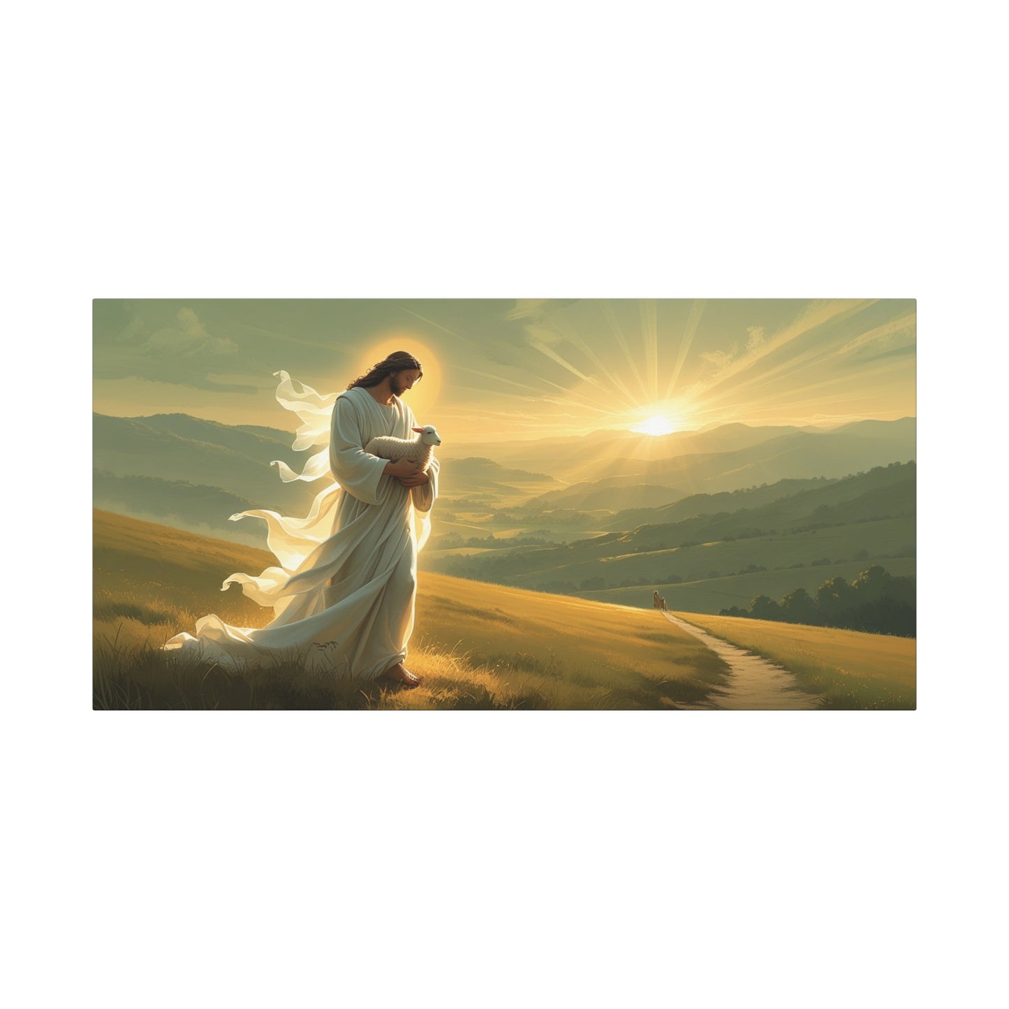 Jesus Holding Lamb Canvas Wall Art - Christian Sunset Landscape Print, Golden Light Faith Decor - Matte Cotton Canvas - Traditional Living Room Wall Decor, Bedroom Home Accent - Modern Farmhouse Style