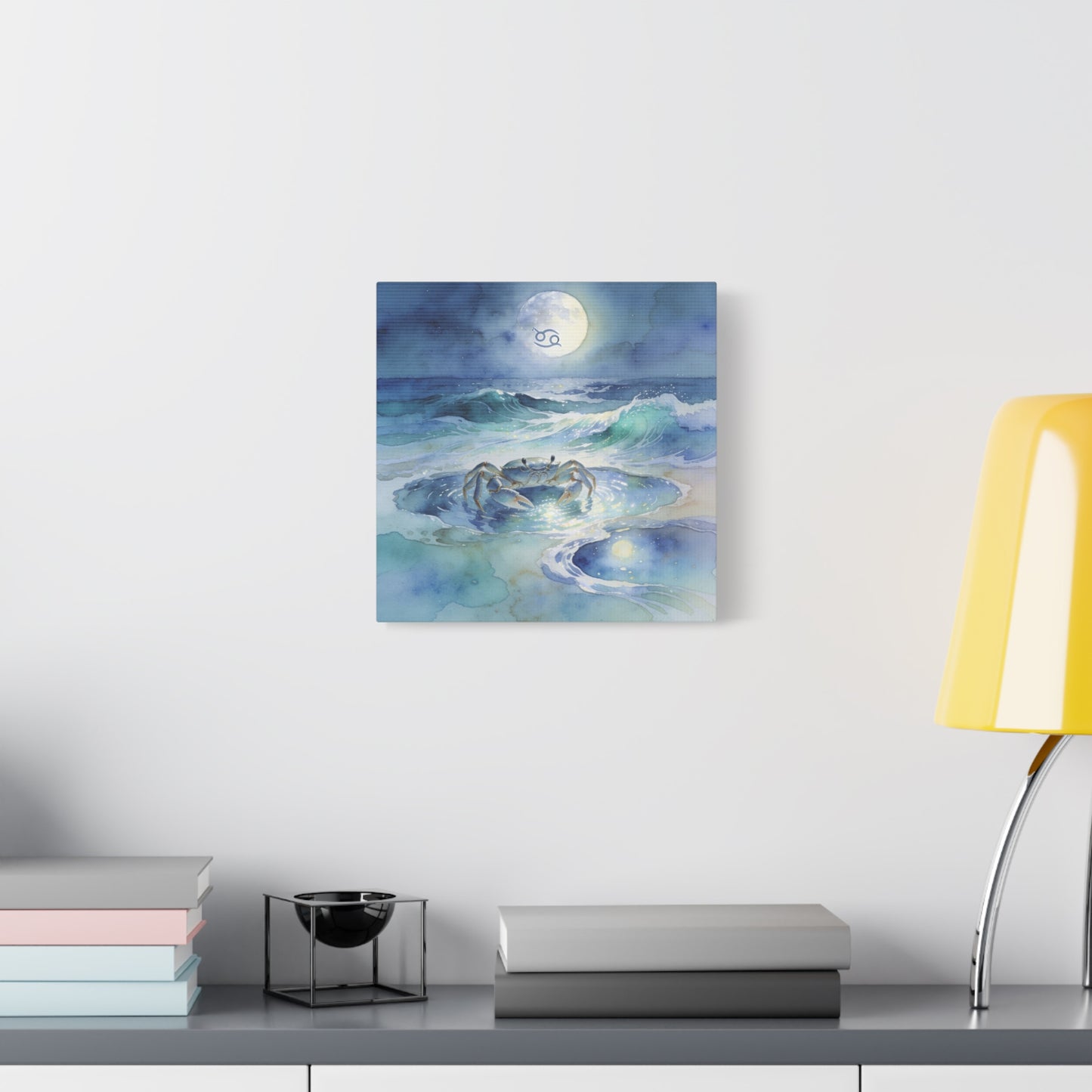 Cancer Zodiac Canvas Wall Art - Moonlit Ocean Crab Watercolor Print, Coastal Astrology Decor - Serene Blue Seascape - Bedroom Wall Decor, Meditation Space Accent, Bohemian Style - Ready to Hang